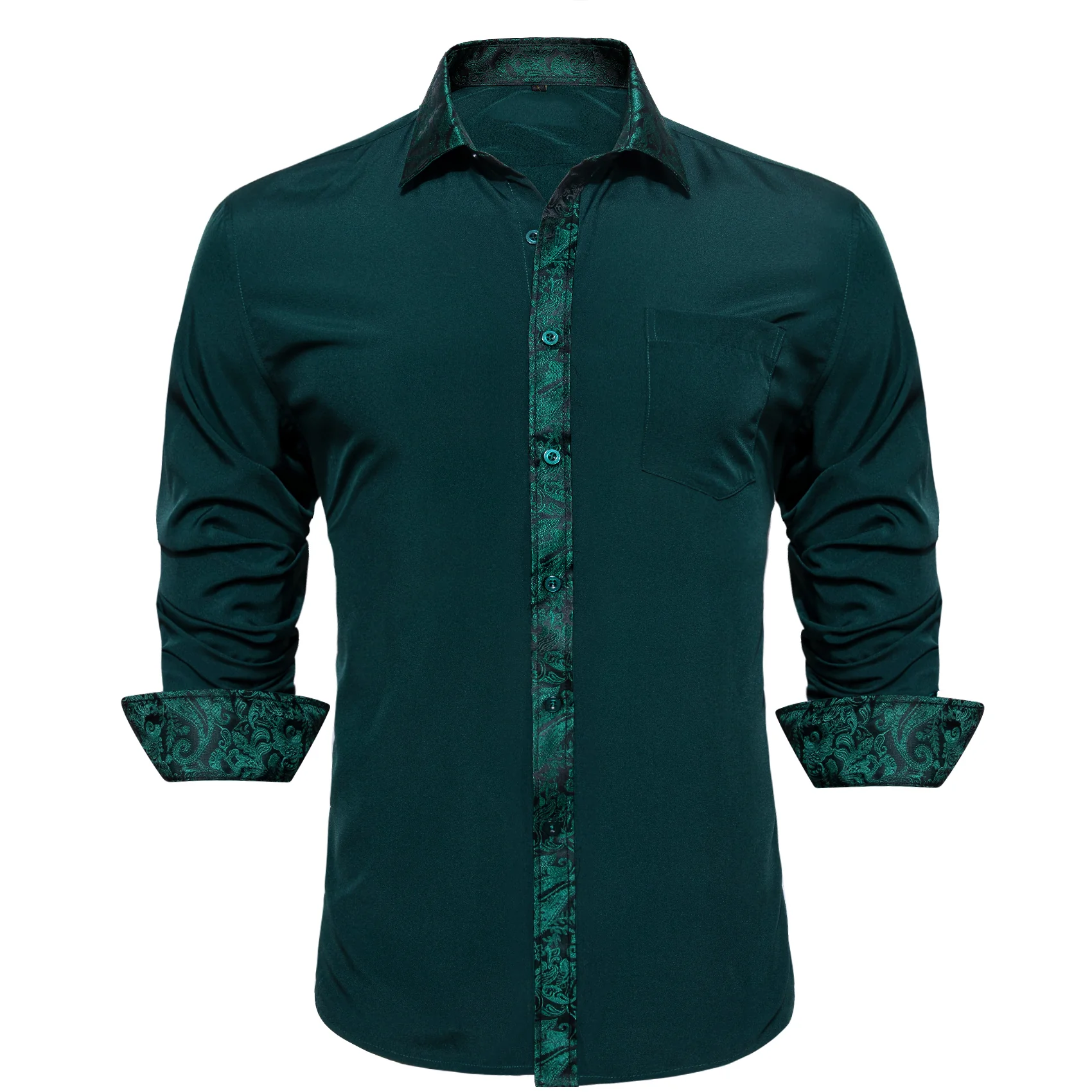 Splicing Style Dark Green with Green Paisley Edge Men's Long Sleeve Shirt