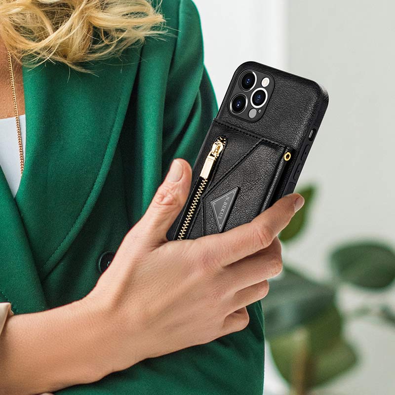 iPhone Wallet Case PU Protective Phone Bag Kickstand Cover Zipper Purse