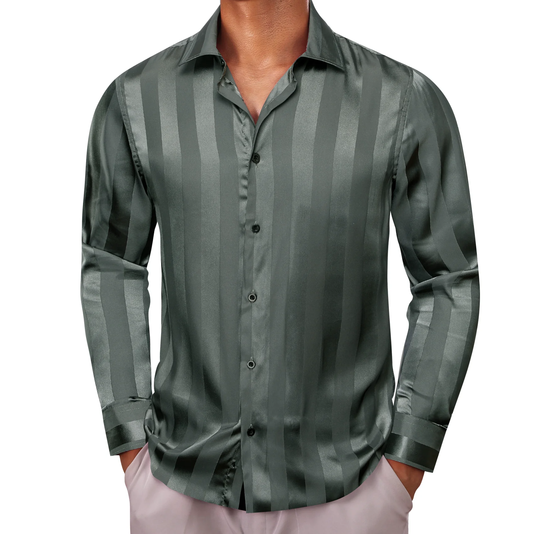 Olive Green Striped Shiny Satin Men's Long Sleeve Shirt
