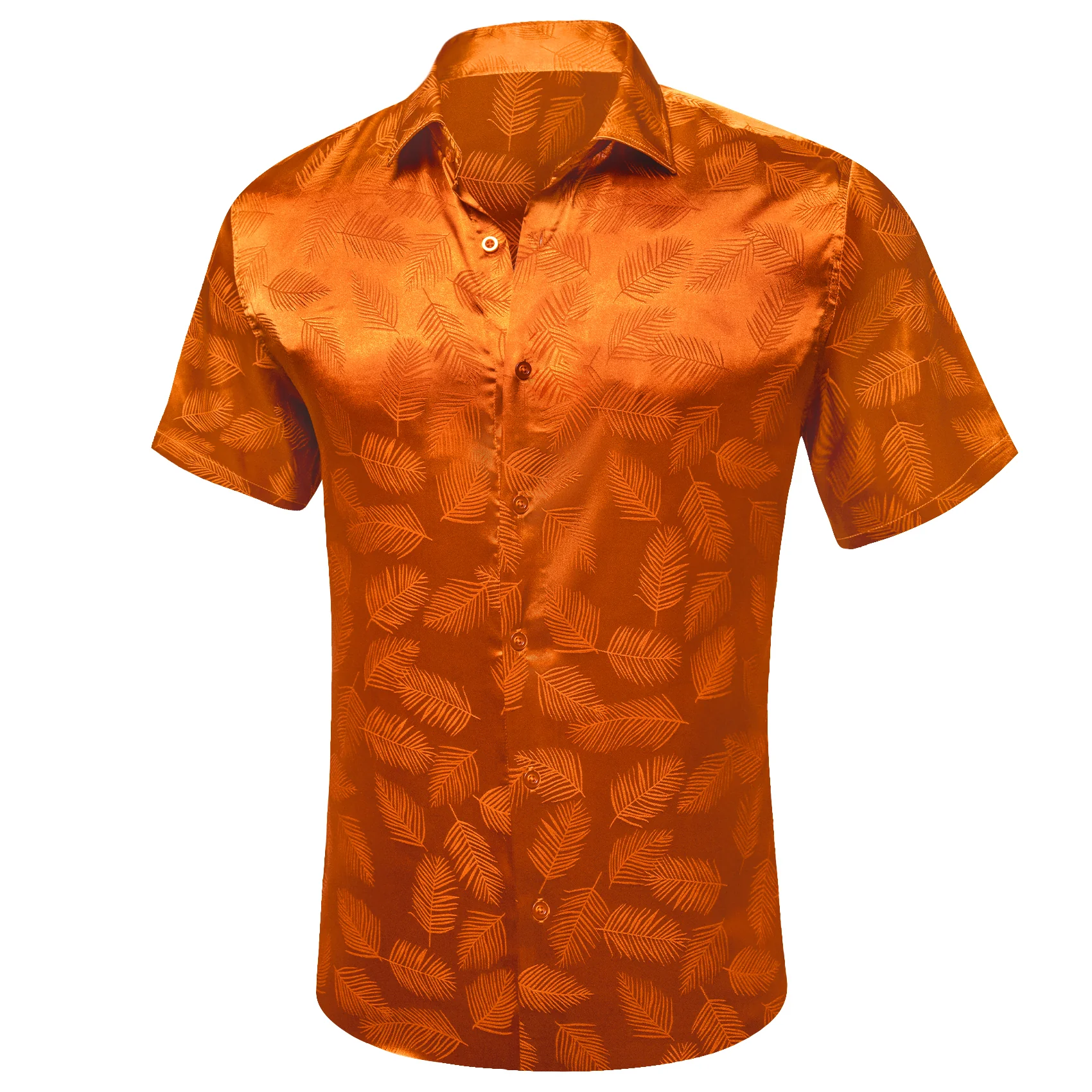 Orange Floral Leaf Silk Men's Short Sleeve Shirt
