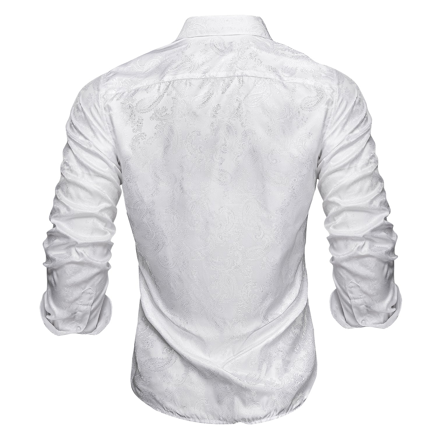 Pure White Paisley Silk Men's Long Sleeve Collarless Shirt