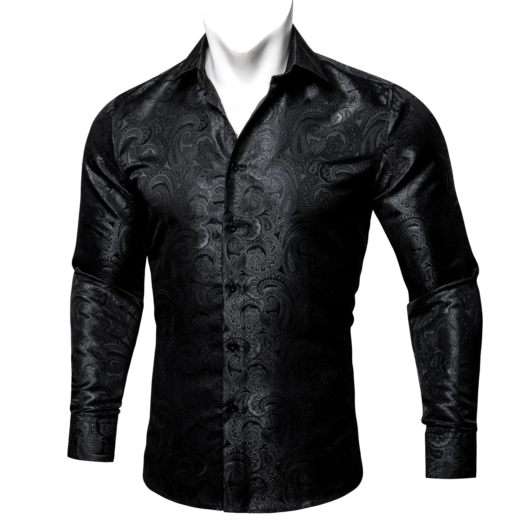 New Black Paisley Pattern Silk Men's Long Sleeve Shirt
