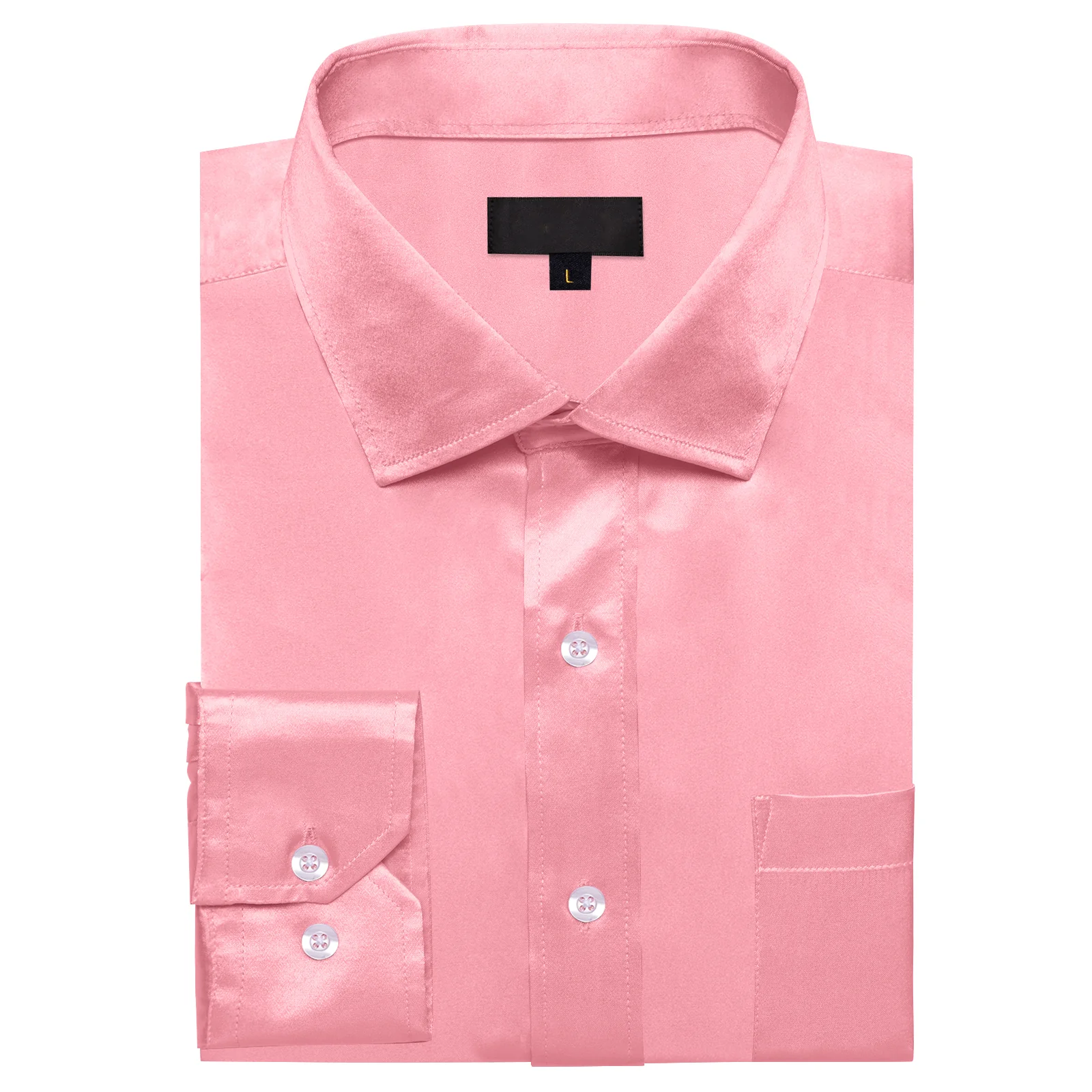 Pink Solid Satin Silk Men's Long Sleeve Business Shirt