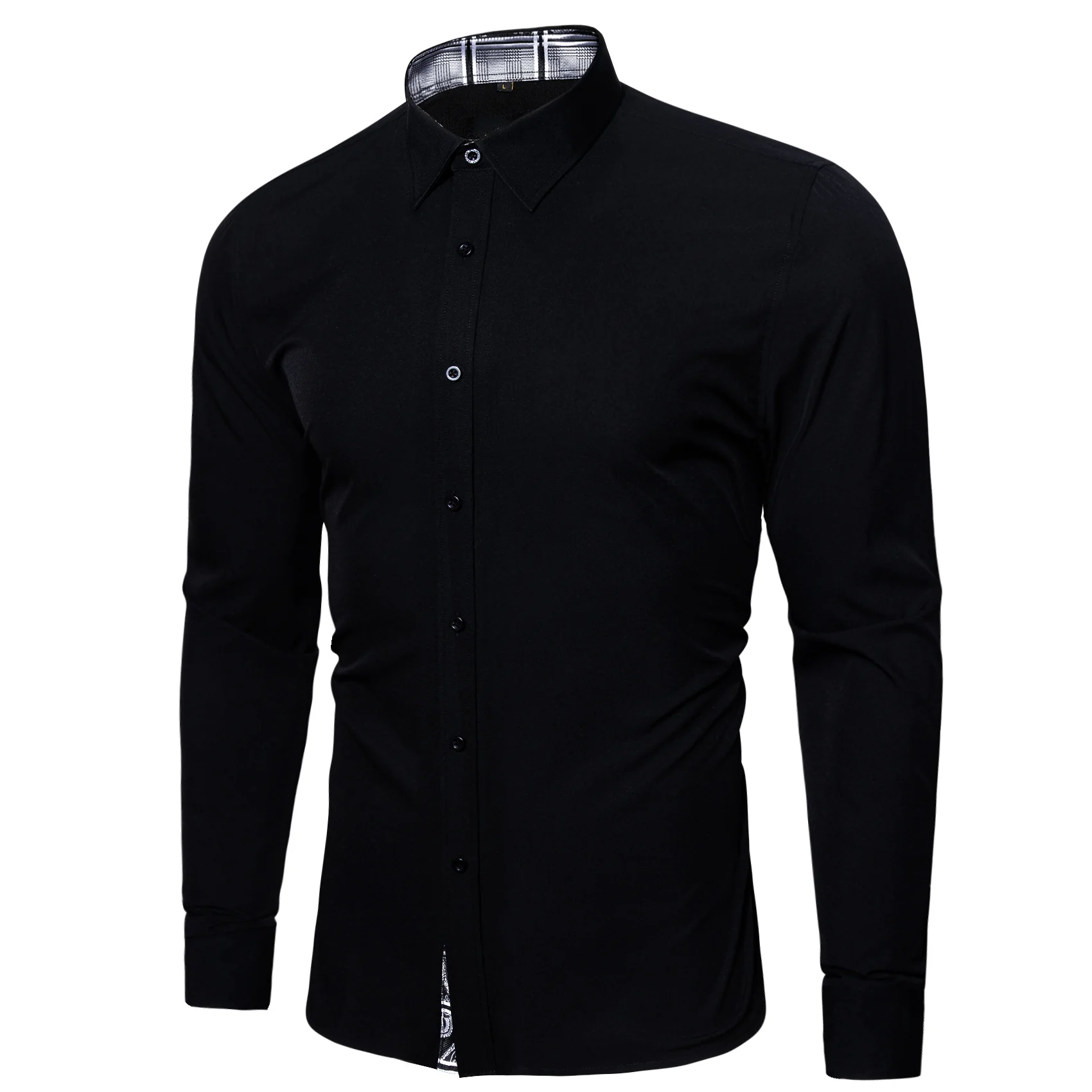 New Splicing Style Black with White Plaid Edge Men's Long Sleeve Shirt