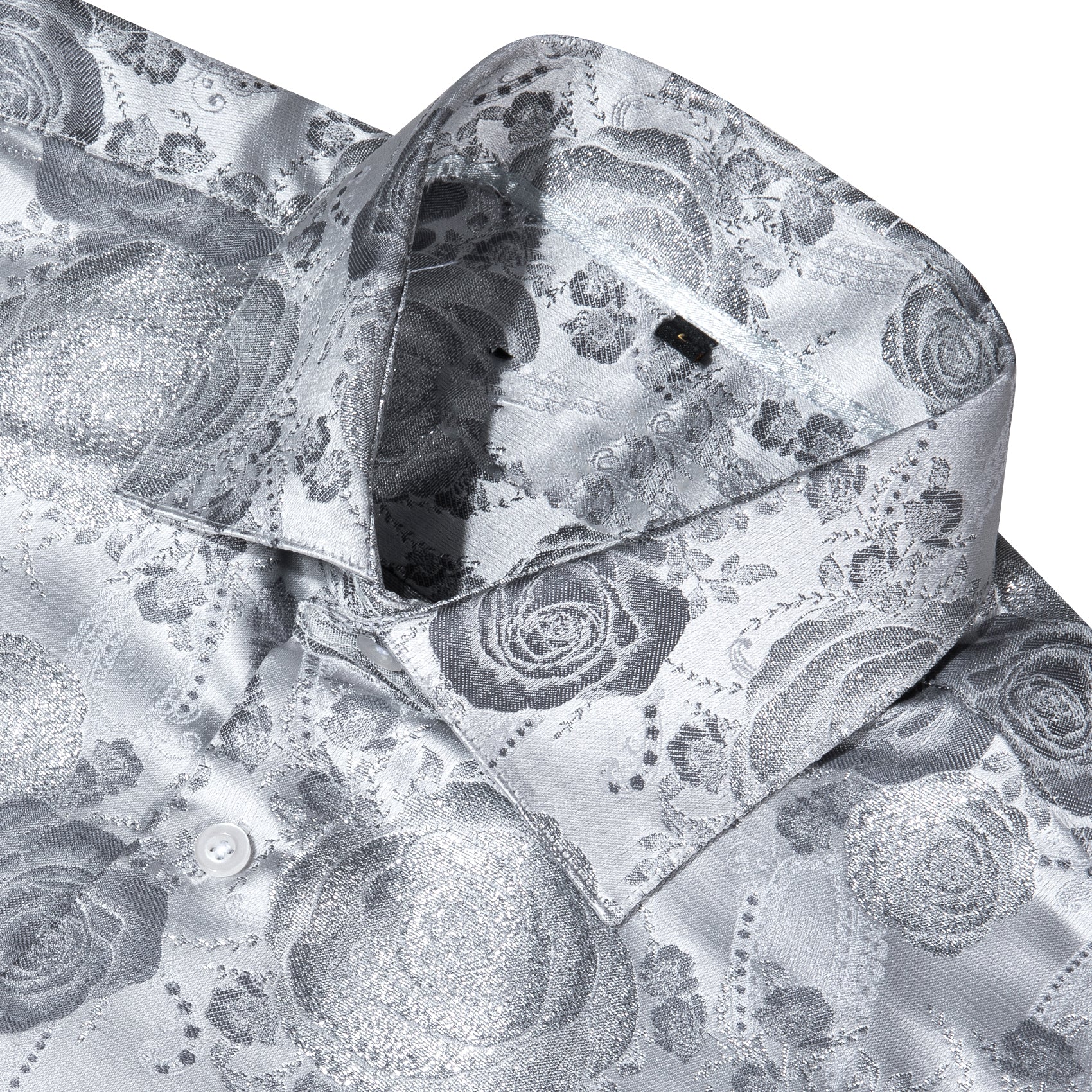 New Silver Grey Floral Style Silk Men's Long Sleeve Shirt
