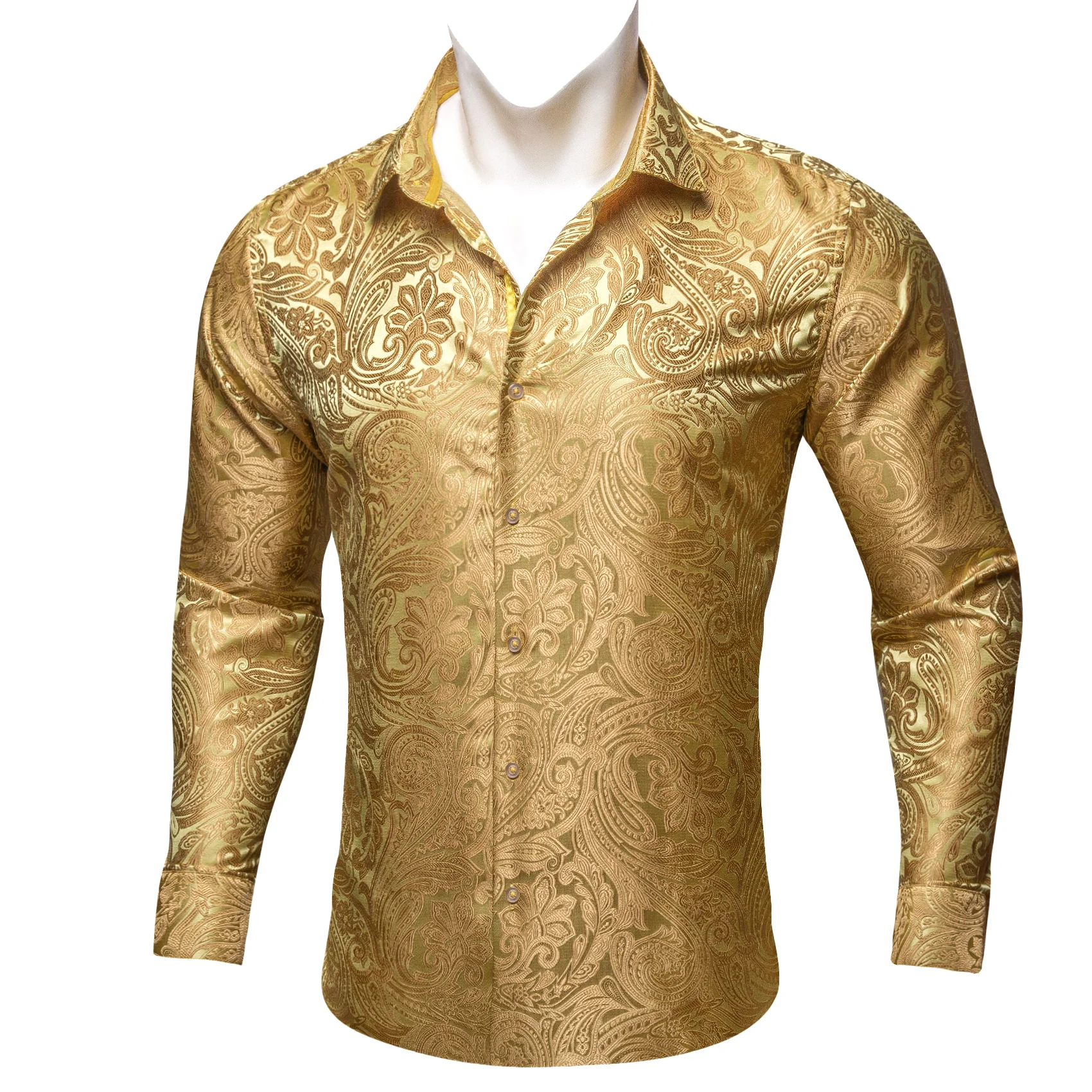 Granola Yellow Paisley Flower Pattern Silk Men's Long Sleeve Shirt
