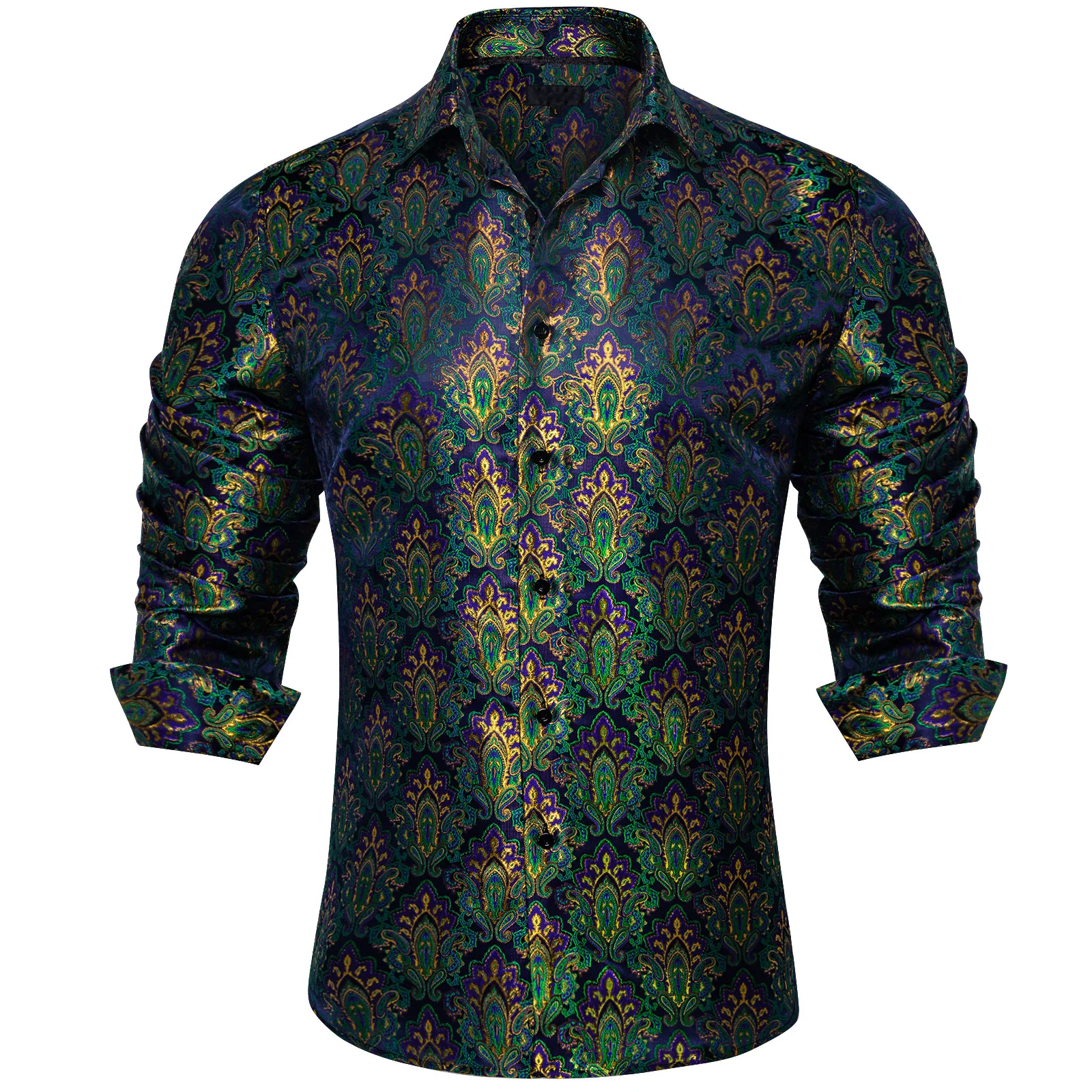 New Green Purple Paisley Silk Men's Long Sleeve Shirt