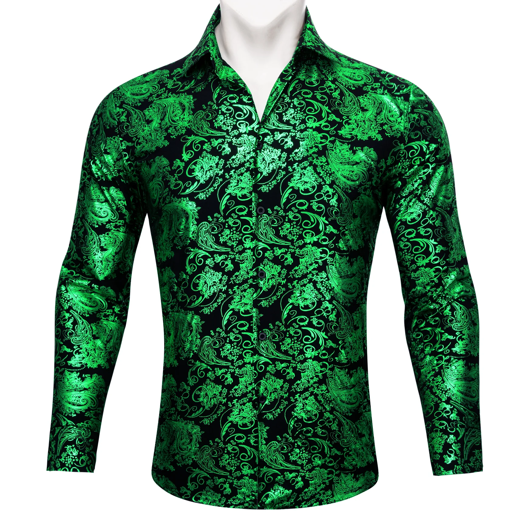 Emerald Green Floral Paisley Silk Men's Long Sleeve Shirt