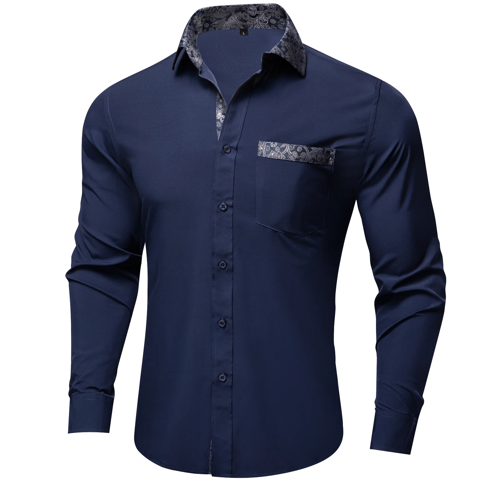 Splicing Style Dark Blue with Blue Paisley Edge Men's Solid Long Sleeve Shirt