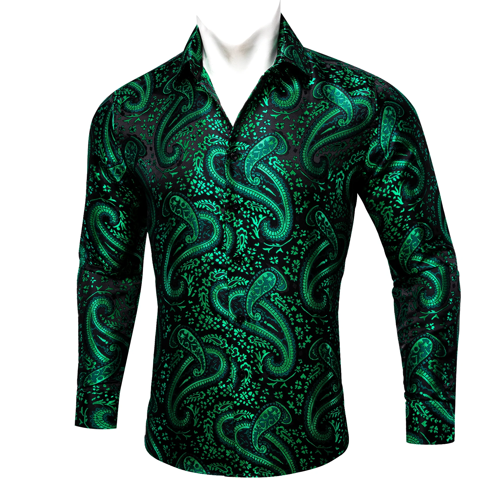 Green Paisley Flower Pattern Silk Men's Long Sleeve Shirt