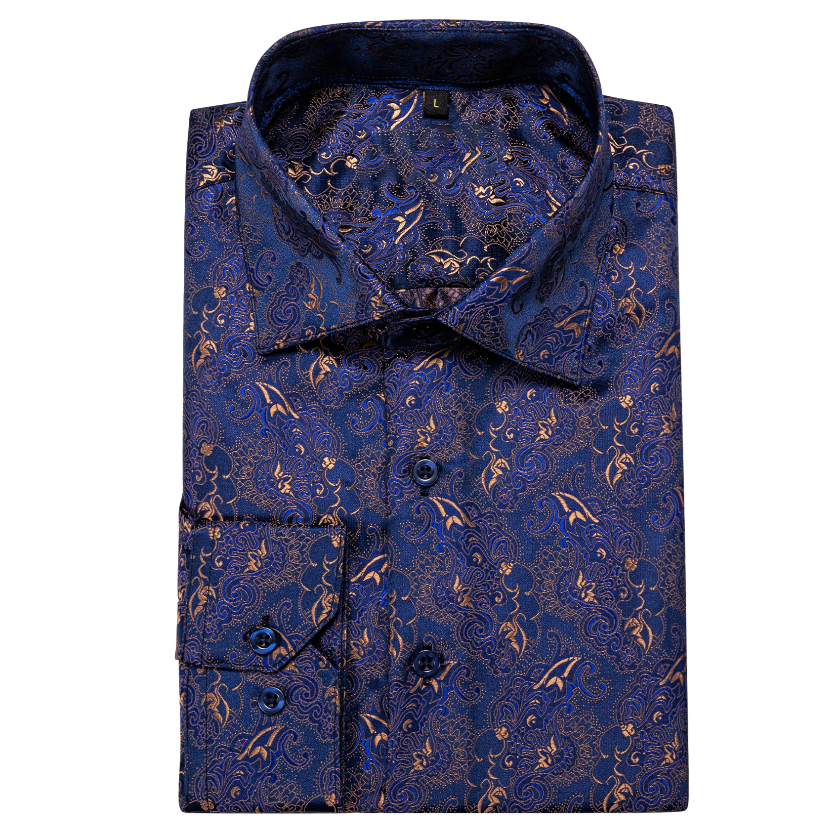 Blue Golden Floral Silk Men's Long Sleeve Shirt