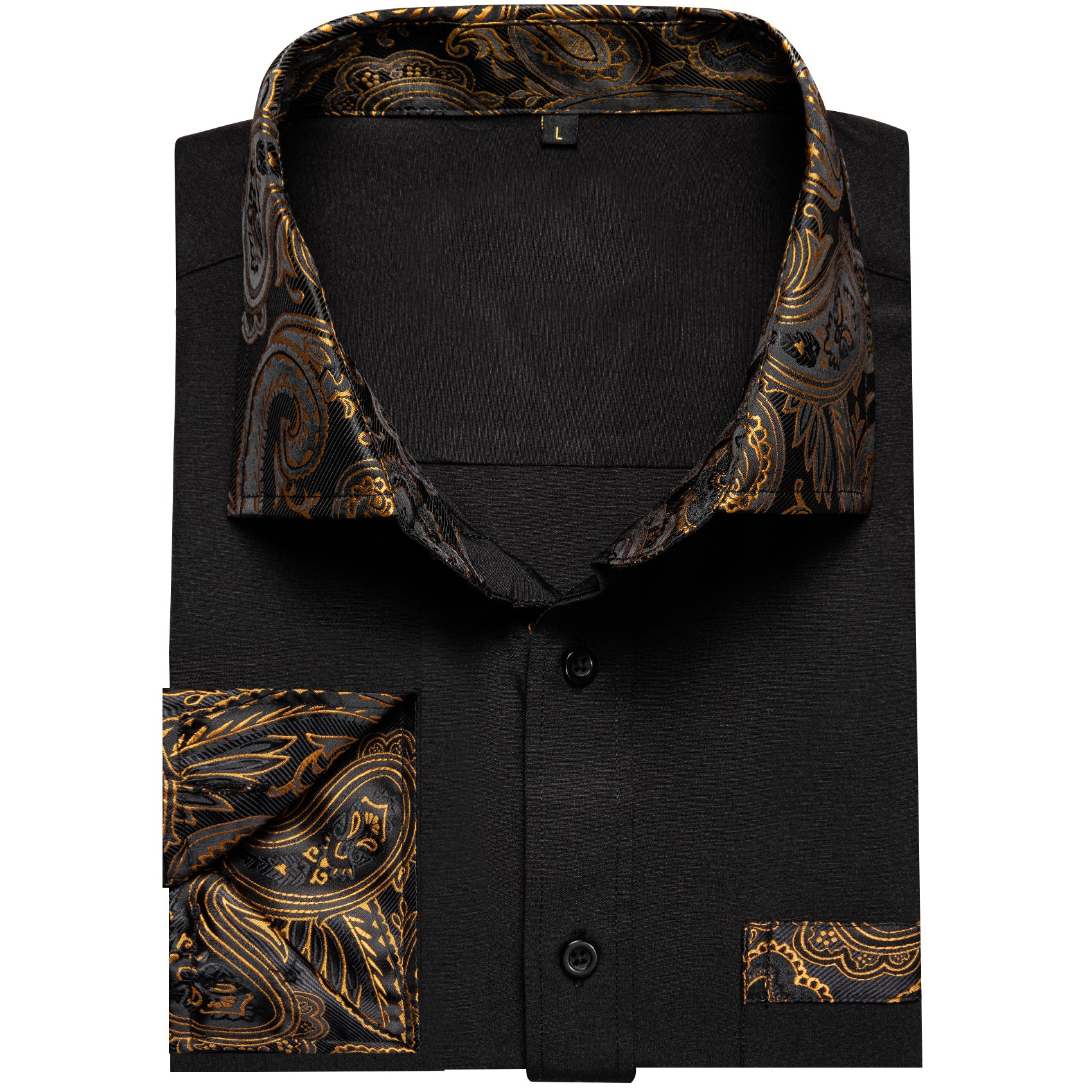Splicing Style Black with Golden Paisley Edge Men's Solid Long Sleeve Shirt