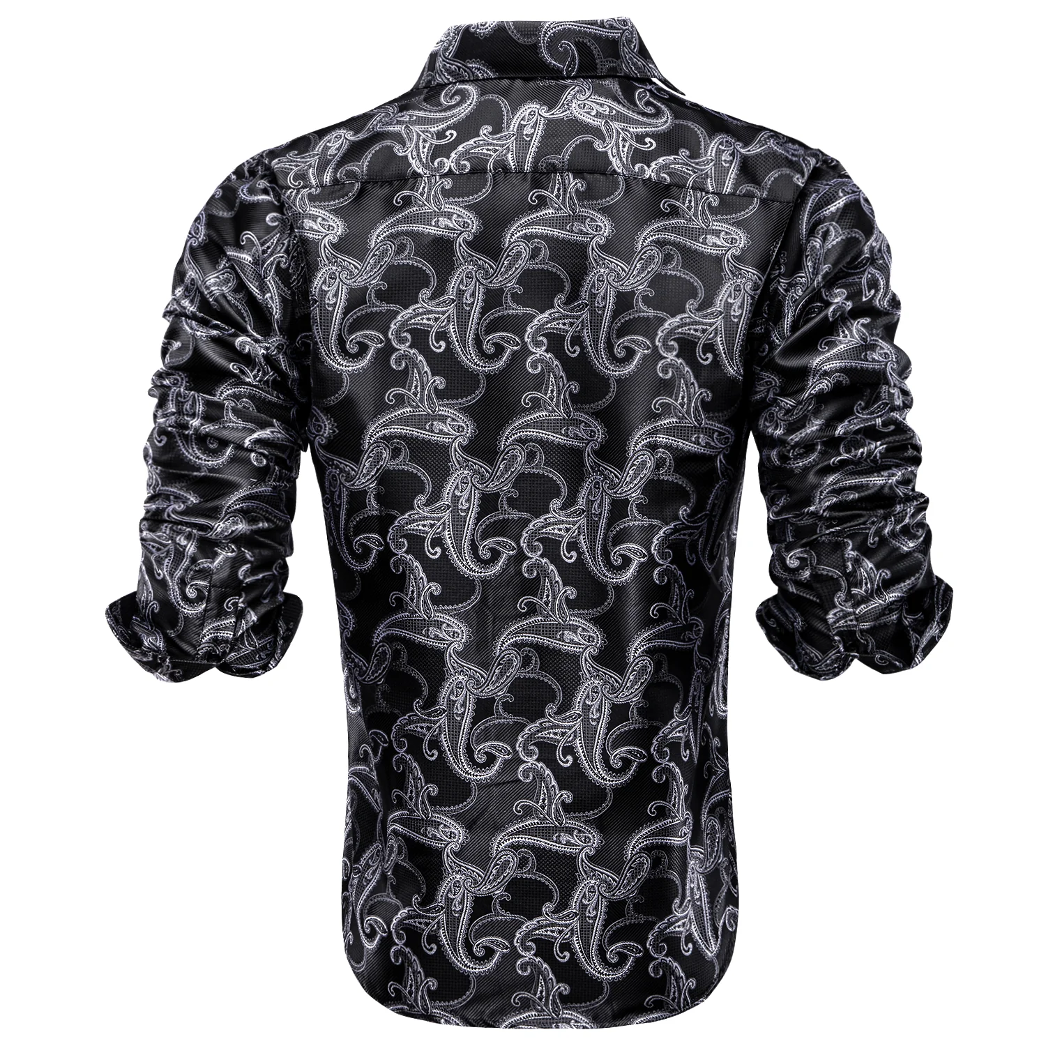 Black White Paisley Pattern Silk Men's Long Sleeve Shirt