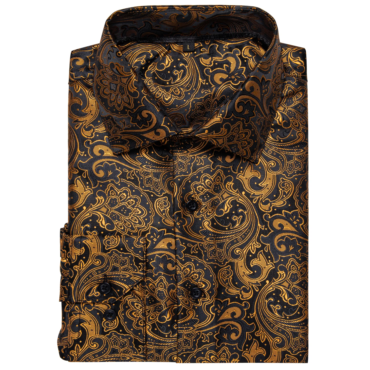 Black Golden Floral Silk Men's Long Sleeve Shirt