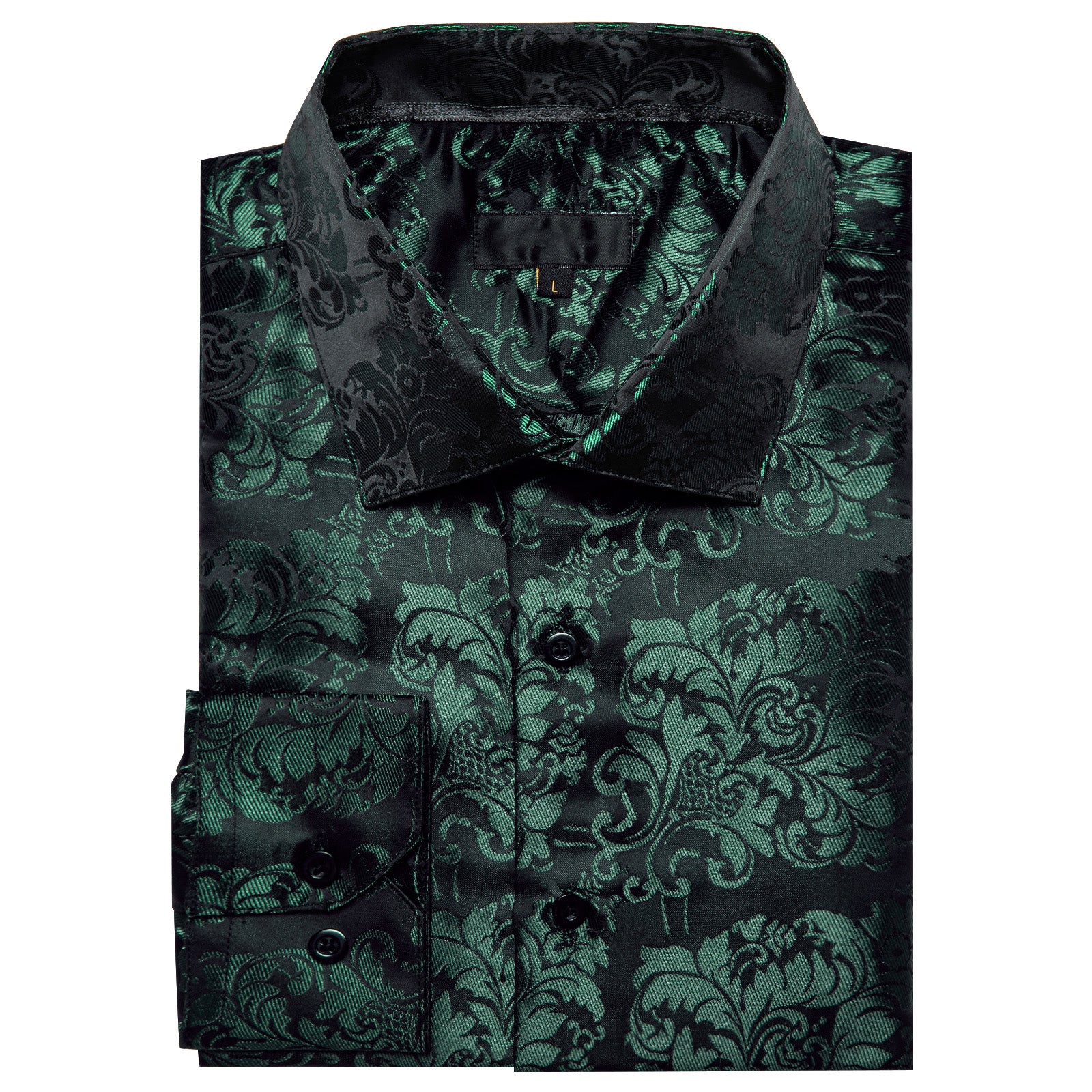 Green Black Floral Silk Men's Long Sleeve Shirt