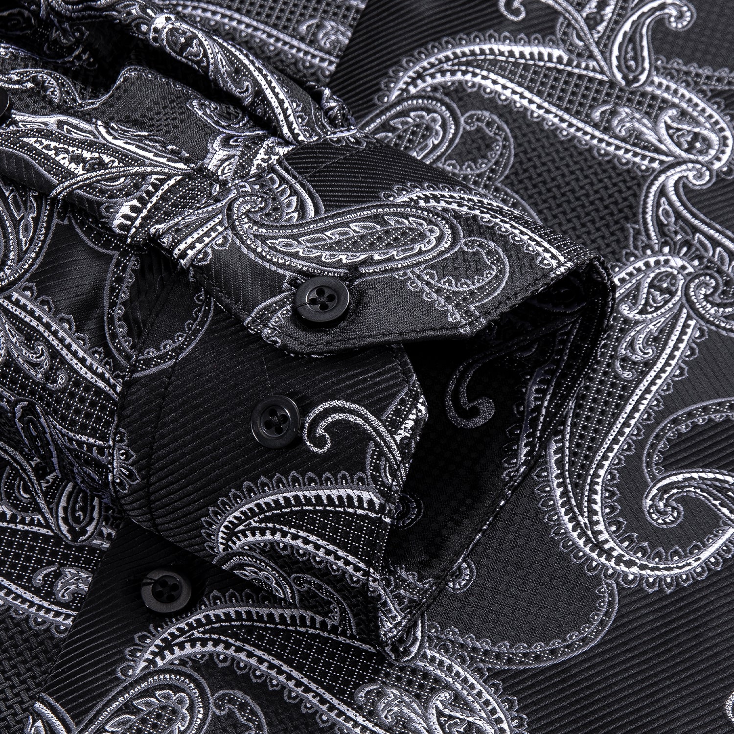 Black White Paisley Pattern Silk Men's Long Sleeve Shirt