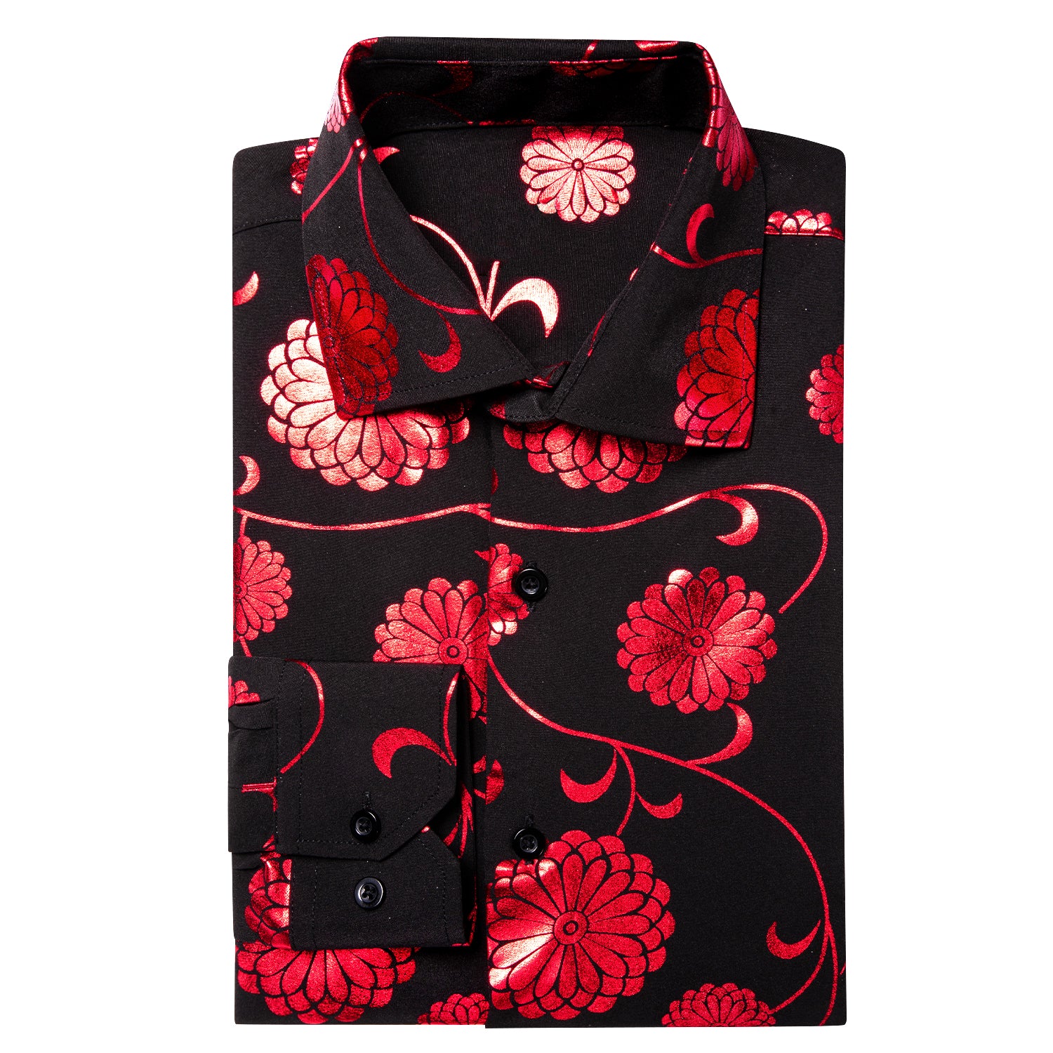 Black with Red Floral Pattern Silk Men's Long Sleeve Shirt