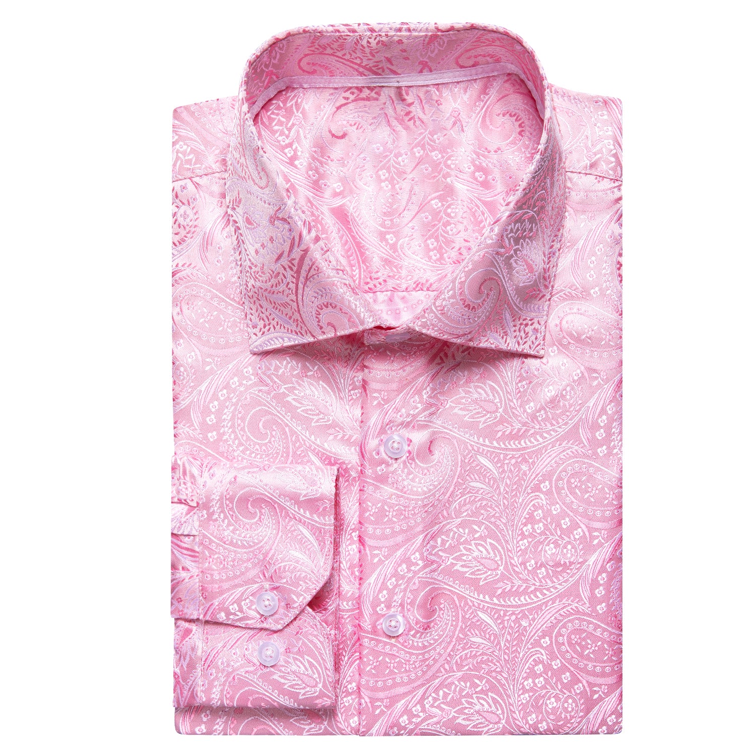 New Baby Pink Paisley Pattern Silk Men's Long Sleeve Shirt