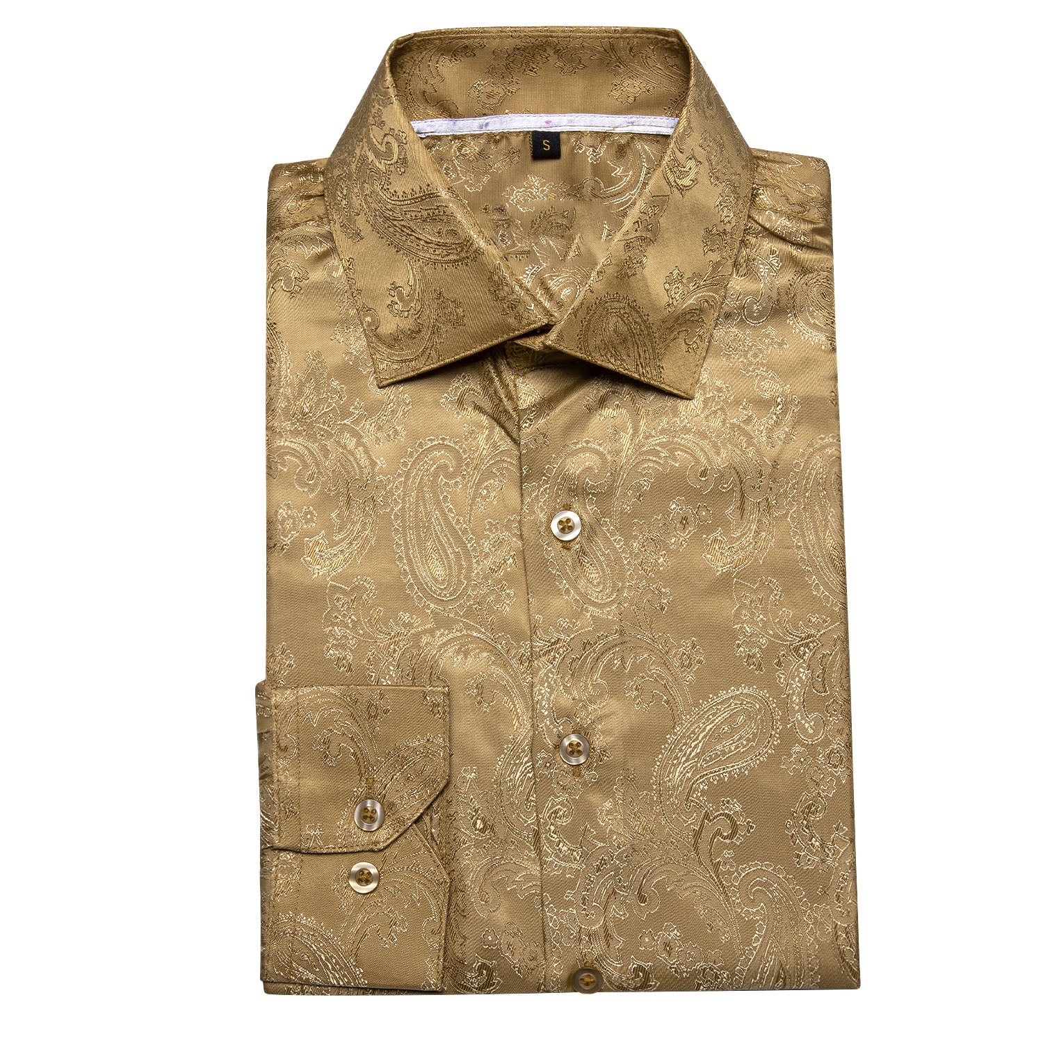 Khaki Yellow Paisley Pattern Silk Men's Long Sleeve Shirt