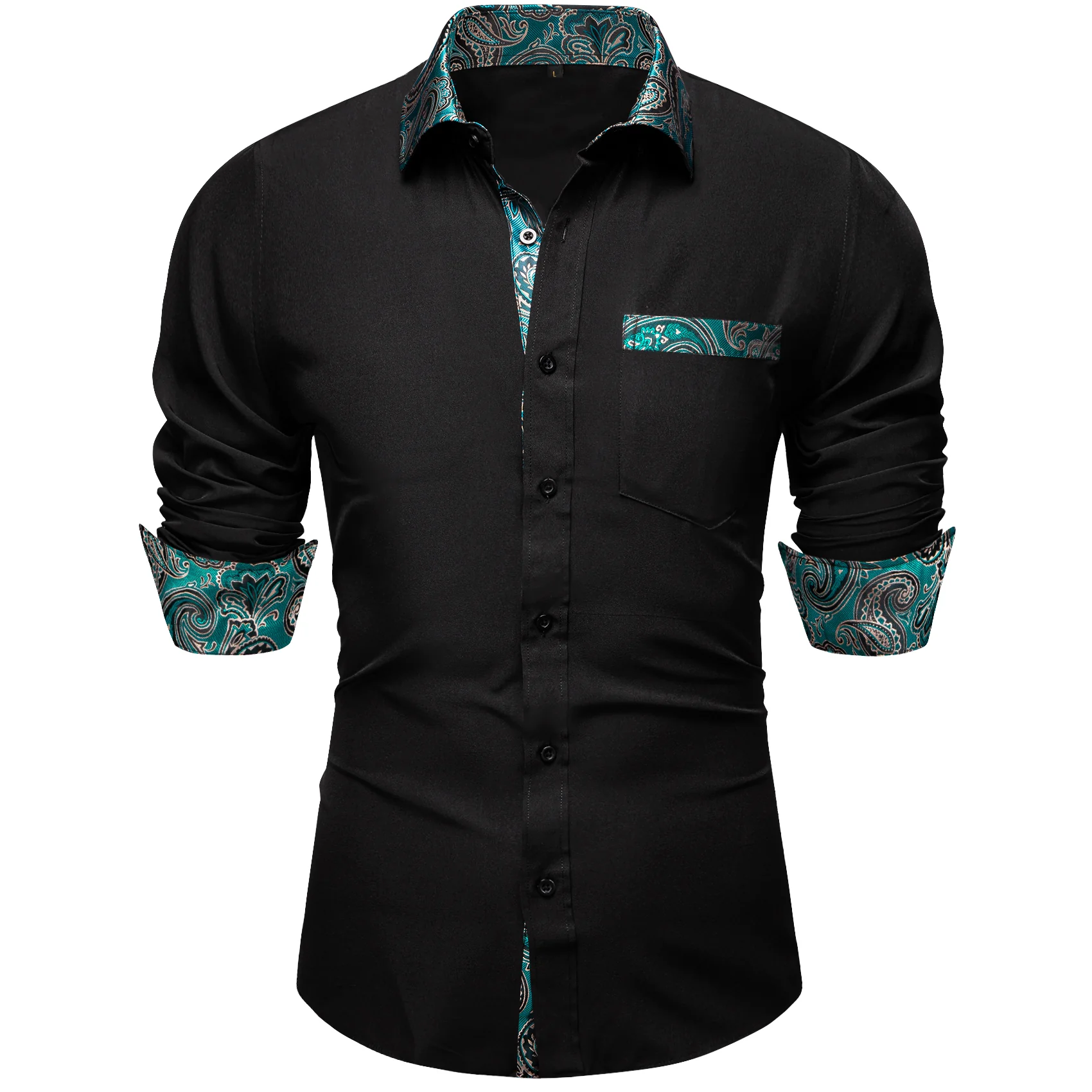 Splicing Style Black with Lake Blue Paisley Edge Men's Solid Long Sleeve Shirt