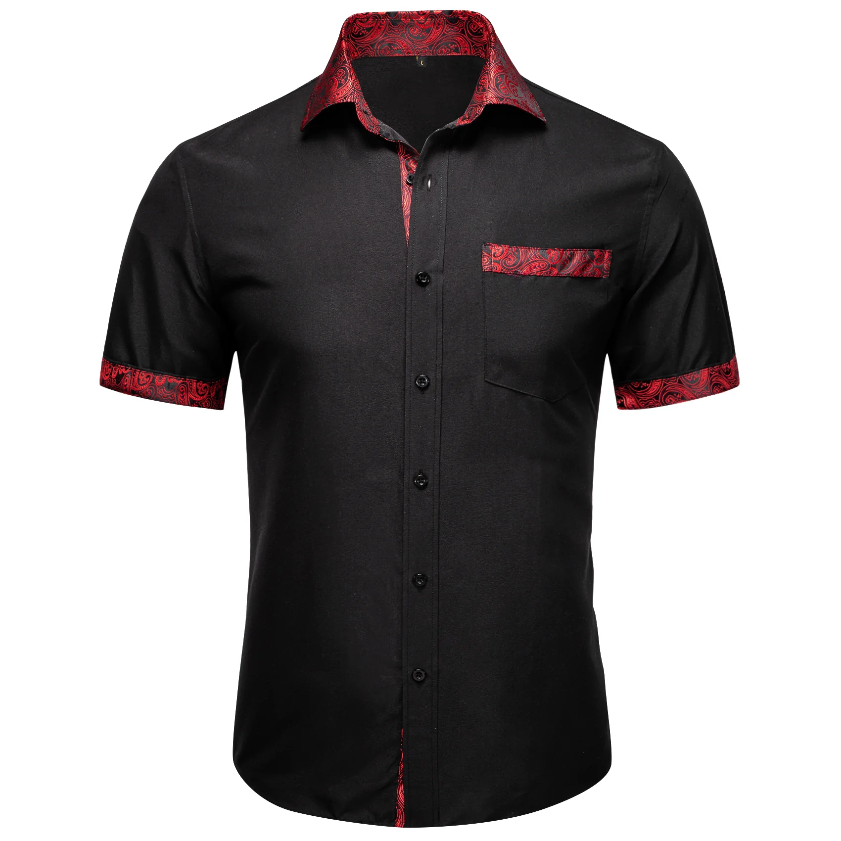 Splicing Style Black with Red Paisley Silk Men's Short Sleeve Shirt