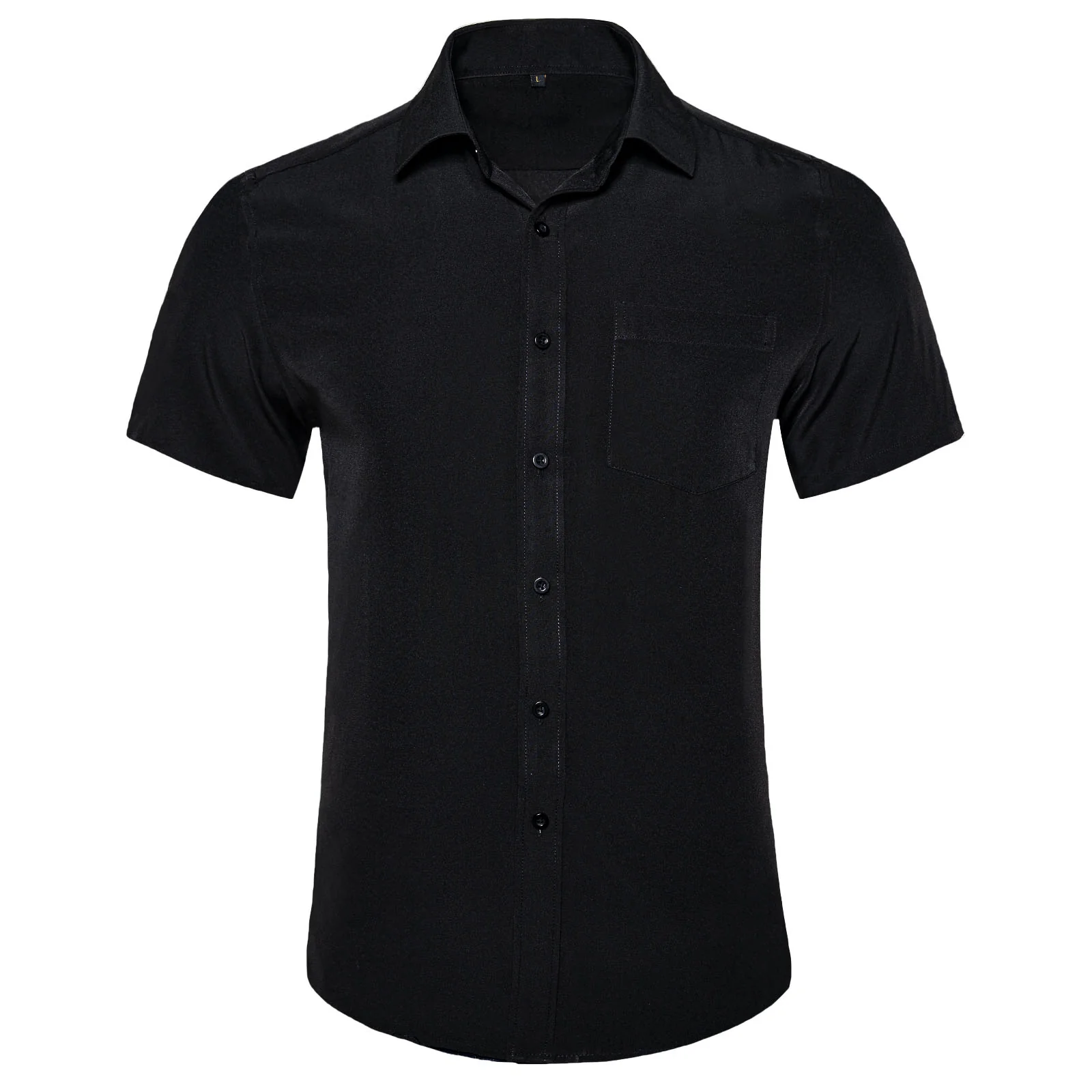 Black Solid Silk Men's Short Sleeve Shirt