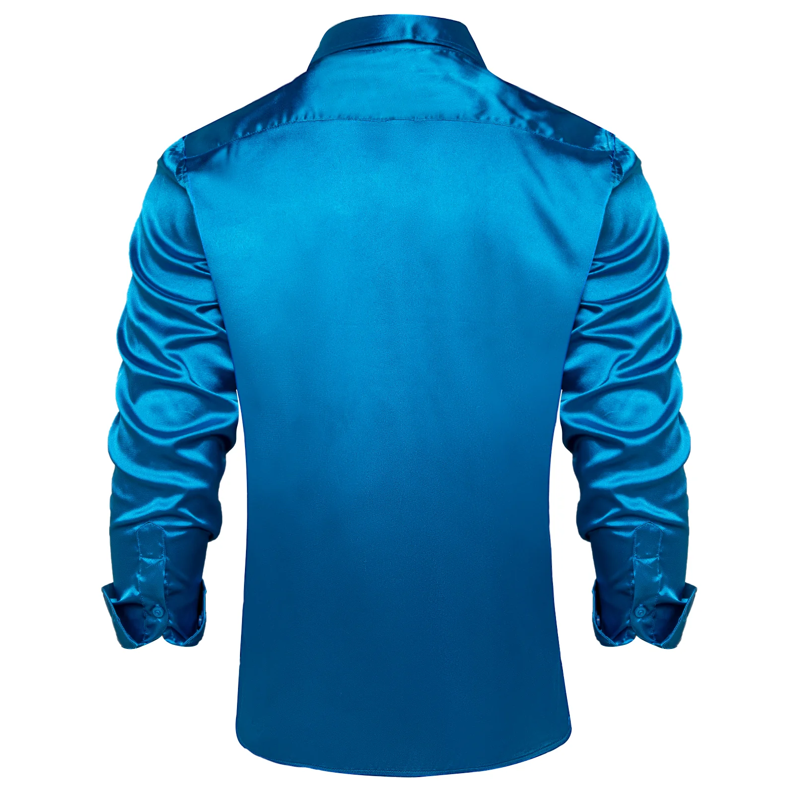 Blue Solid Satin Silk Men's Long Sleeve Business Shirt