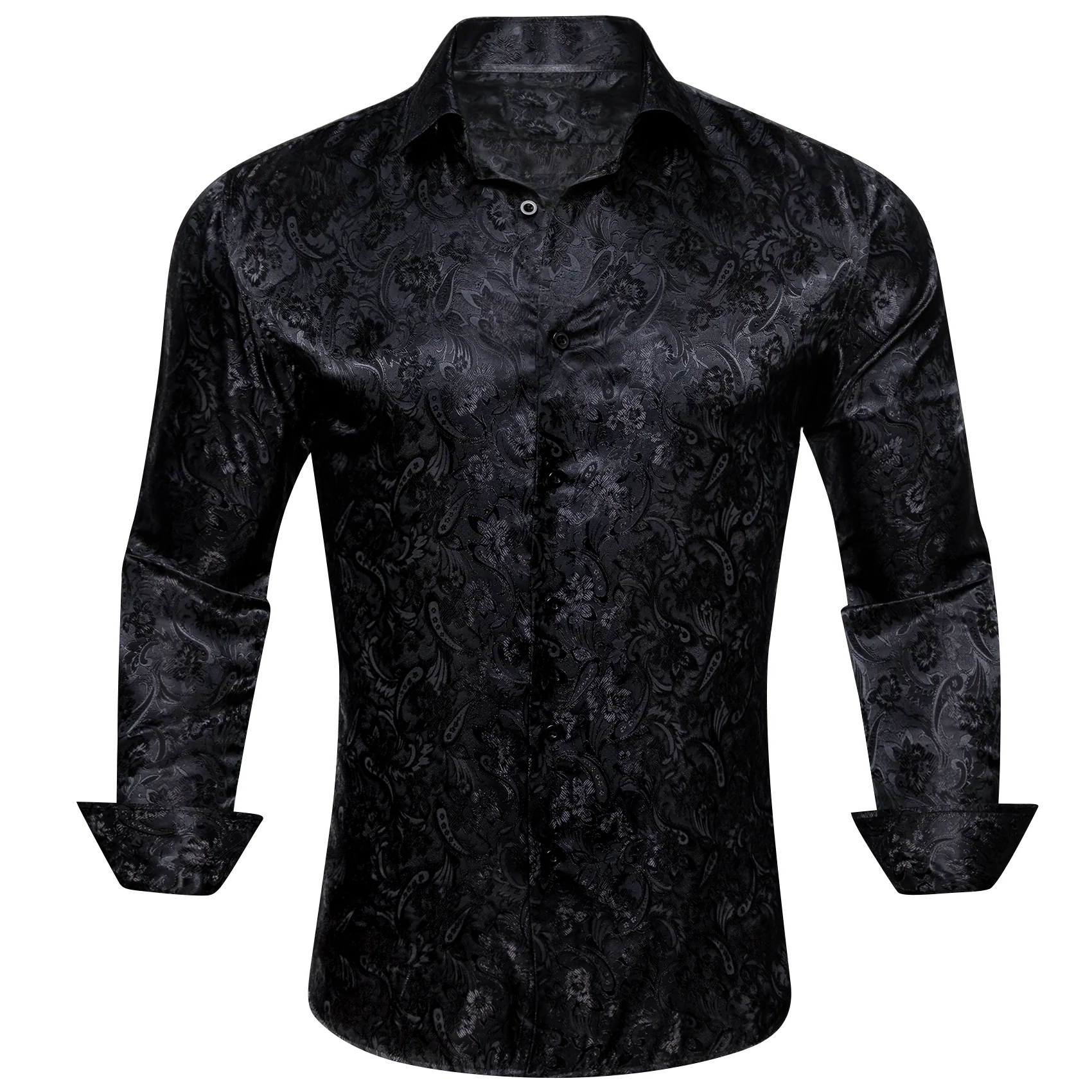 Black Floral Silk Men Long Sleeve Shirt