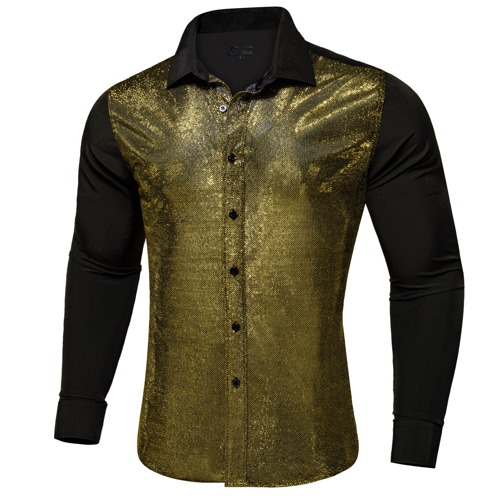 New Black Silk Golden Glitter Stitching Men's Shirt