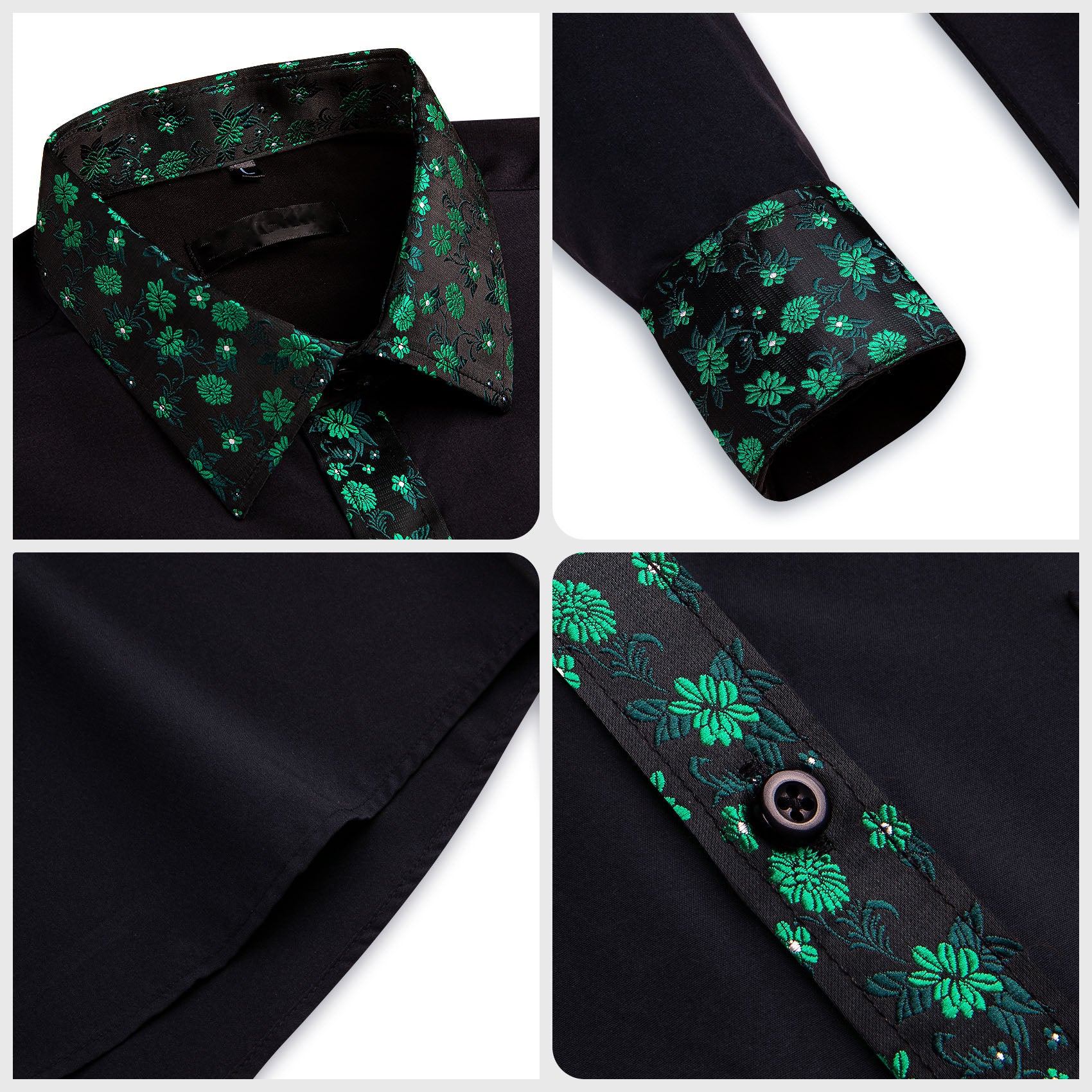 Splicing Style Black with Green Flower Edge Men's Long Sleeve Shirt