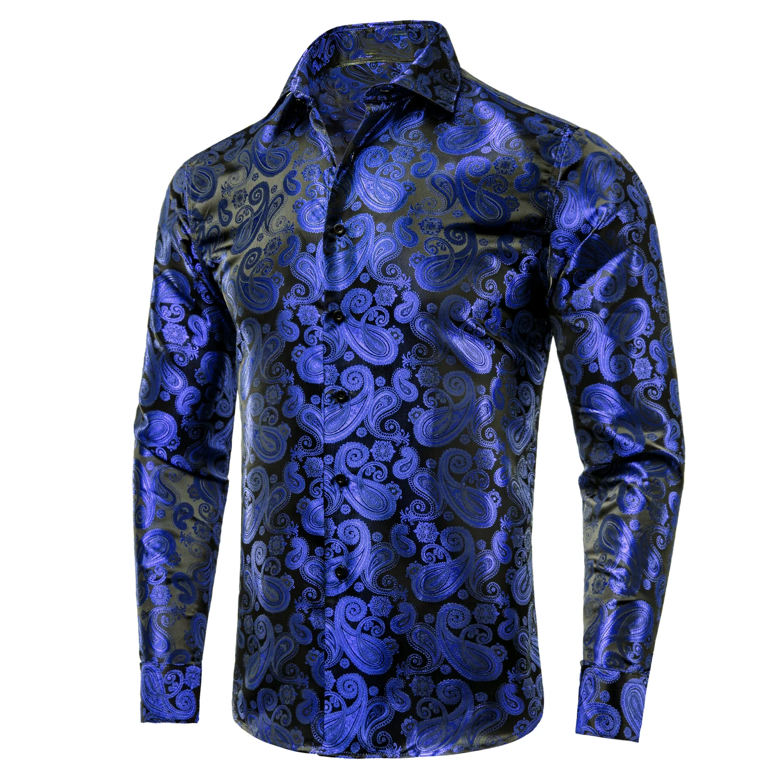 Luxury Royal Blue Paisley Pattern Silk Men's Long Sleeve Shirt
