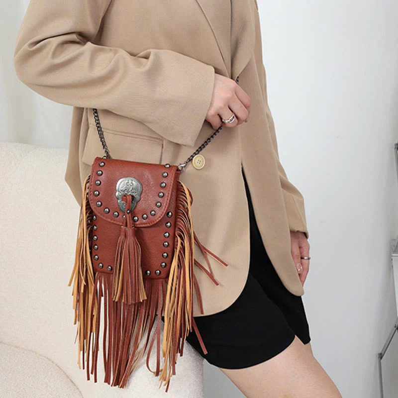 Rivet Tassel Bag For Women Vegan Leather Crossbody Phone Bag