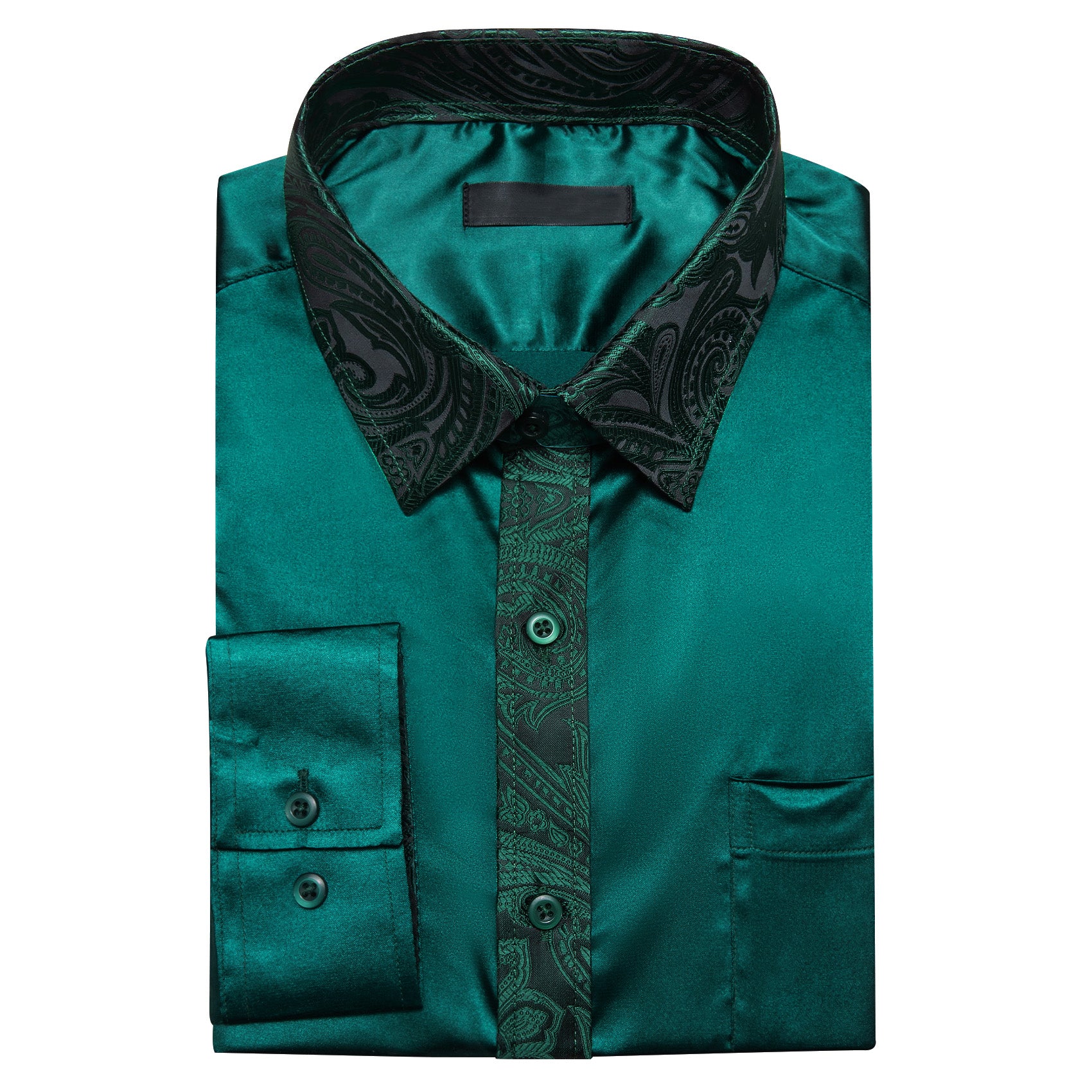 Splicing Style Sapphire Pine Green Solid with Paisley Edge Men's Long Sleeve Shirt
