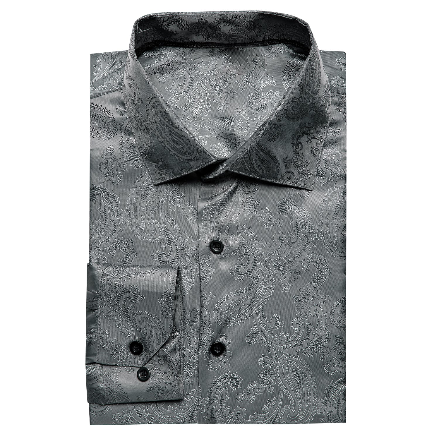 New Dark Grey Paisley Silk Men's Long Sleeve Shirt