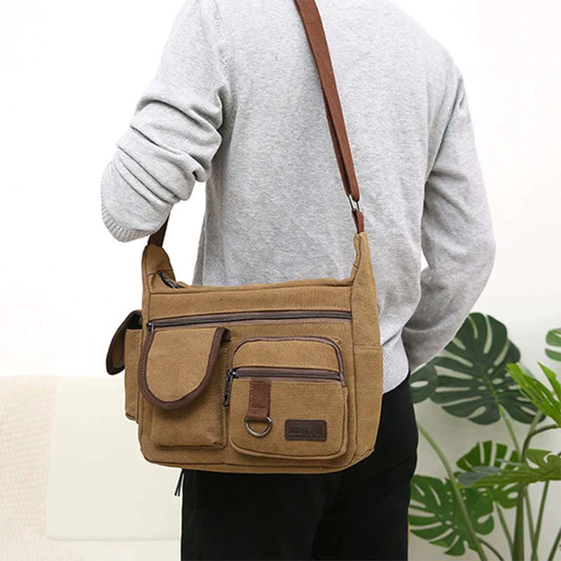 Canvas Multi-Pocket Retro Large Crossbody Bag