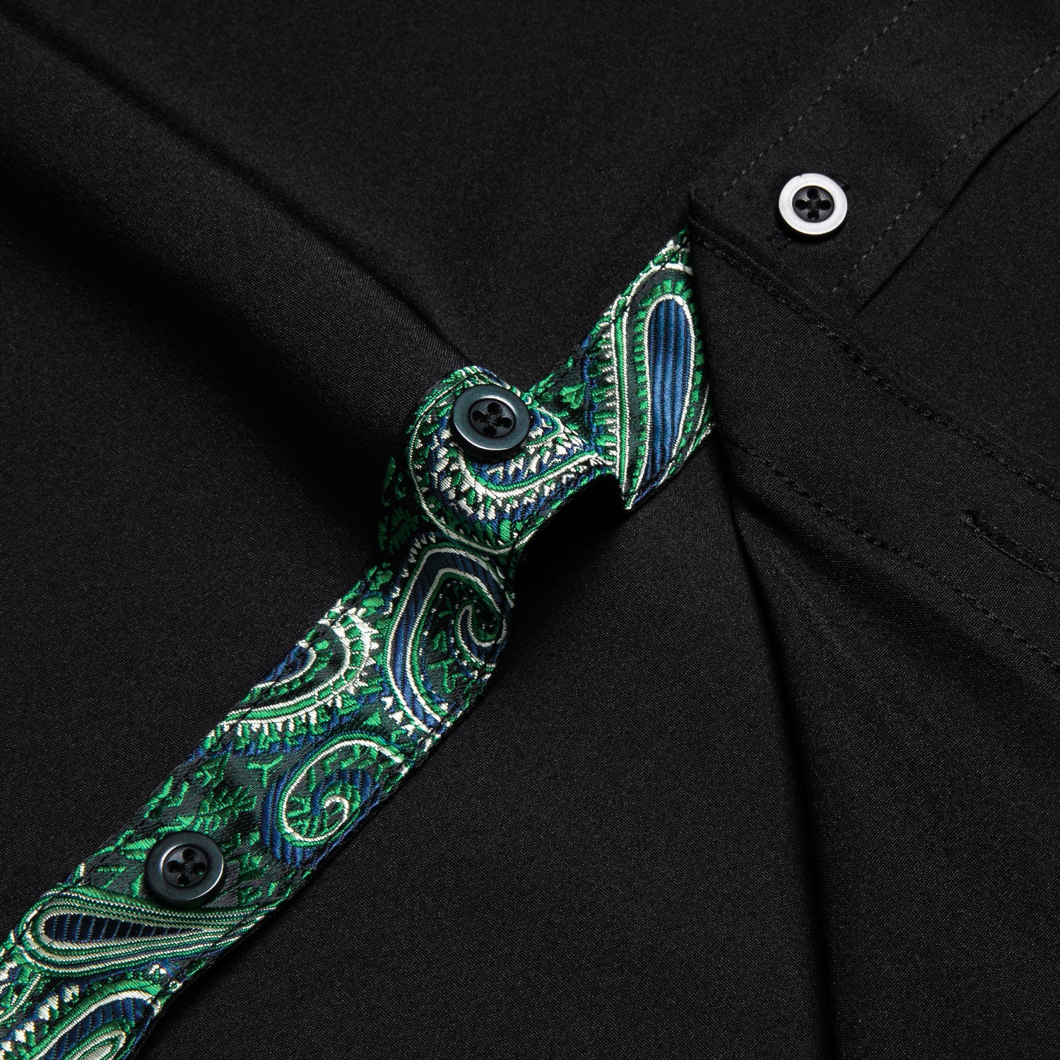 Splicing Style Black with Green Paisley Edge Men's Solid Long Sleeve Shirt