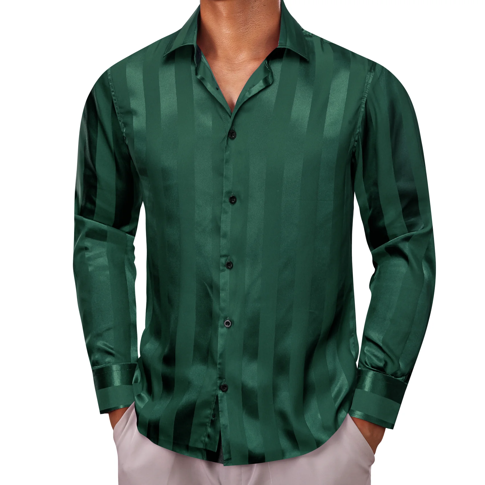 Dark Green Striped Shiny Satin Men's Long Sleeve Shirt