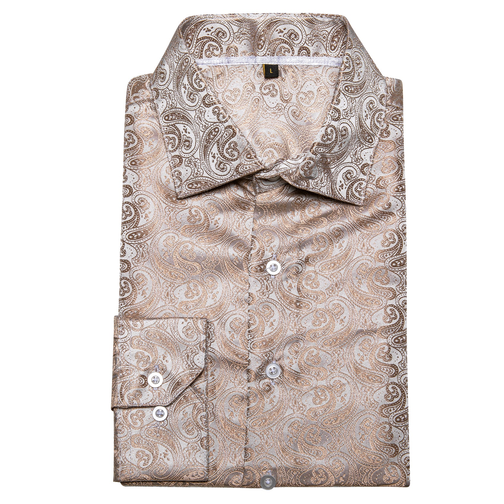 Champagne Golden Paisley Pattern Silk Men's Long Sleeve Shirt