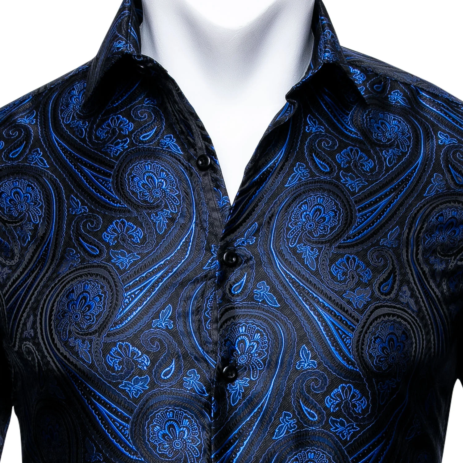 New Dark Blue Paisley Silk Men's Long Sleeve Shirt