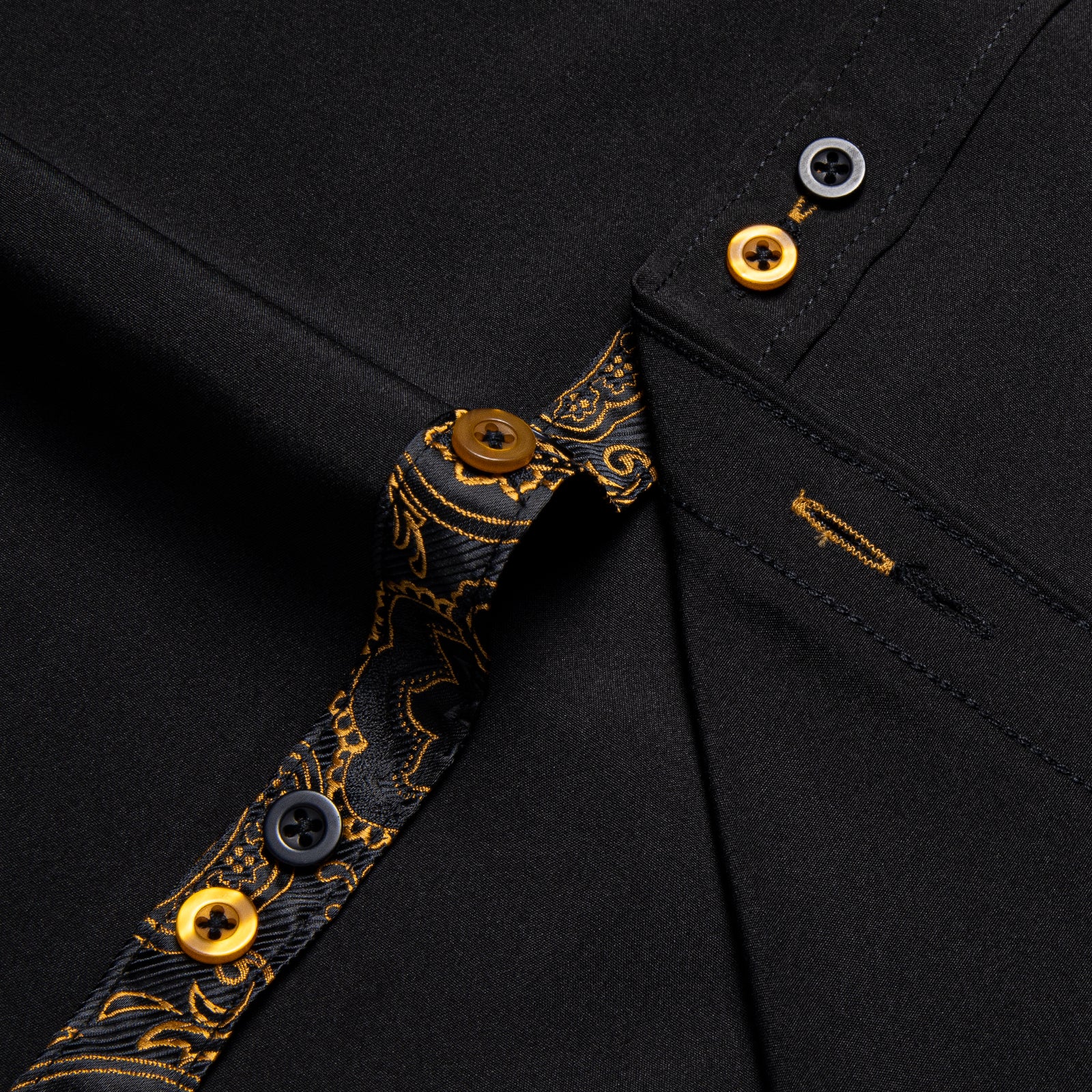 New Splicing Style Black with Golden Paisley Edge Men's Long Sleeve Shirt