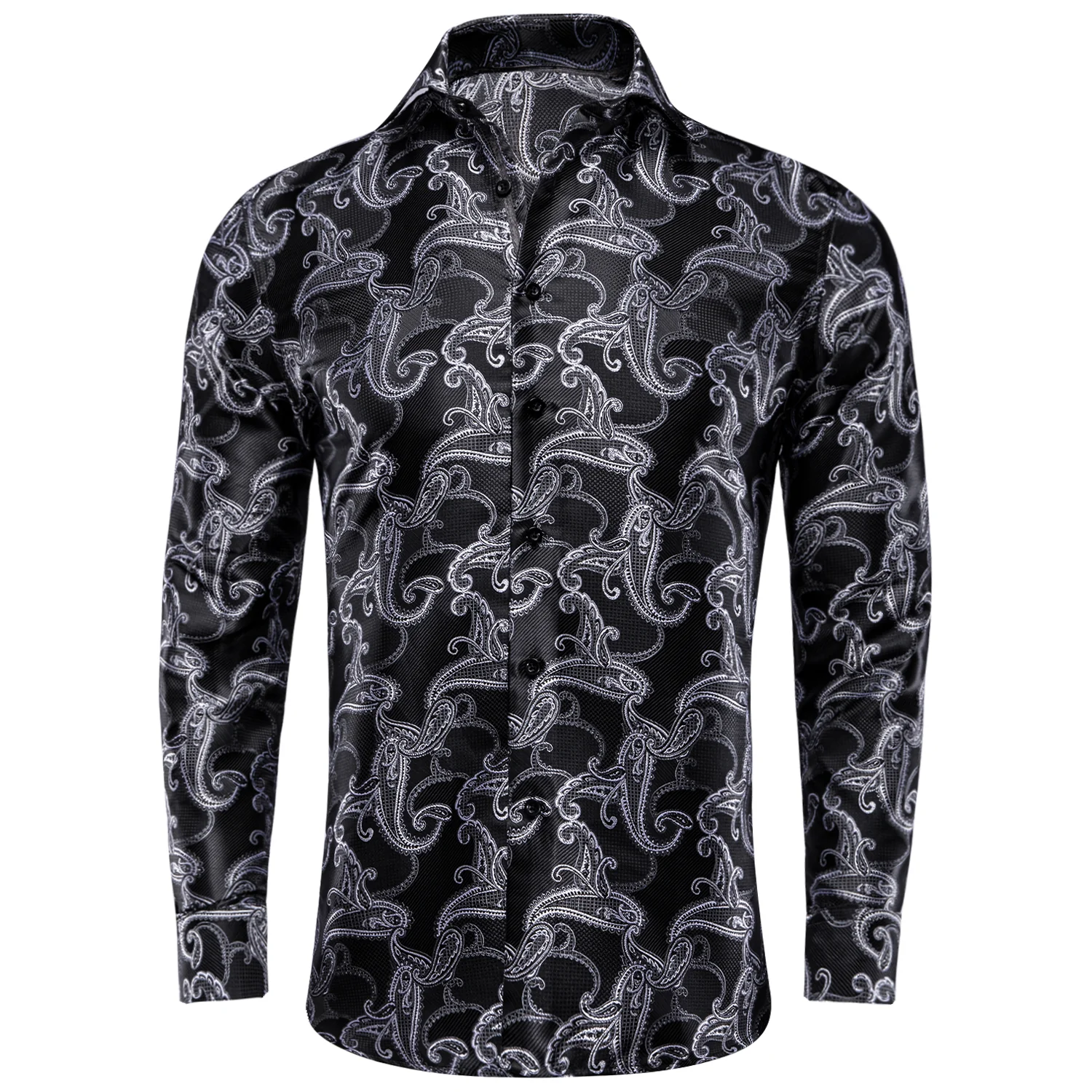 Black White Paisley Pattern Silk Men's Long Sleeve Shirt