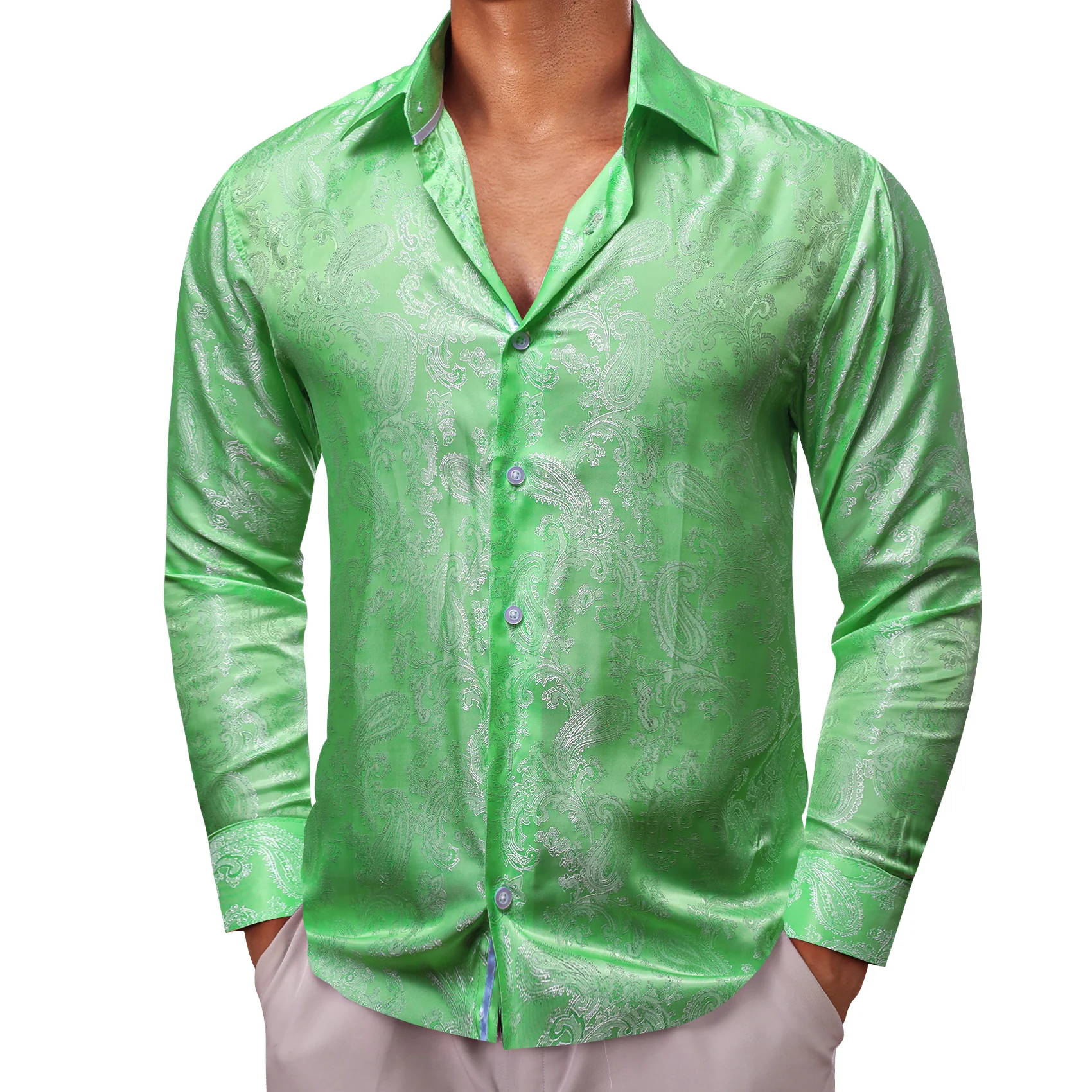 Light Green Paisley Style Casual Silk Men's Long Sleeve Button Shirt
