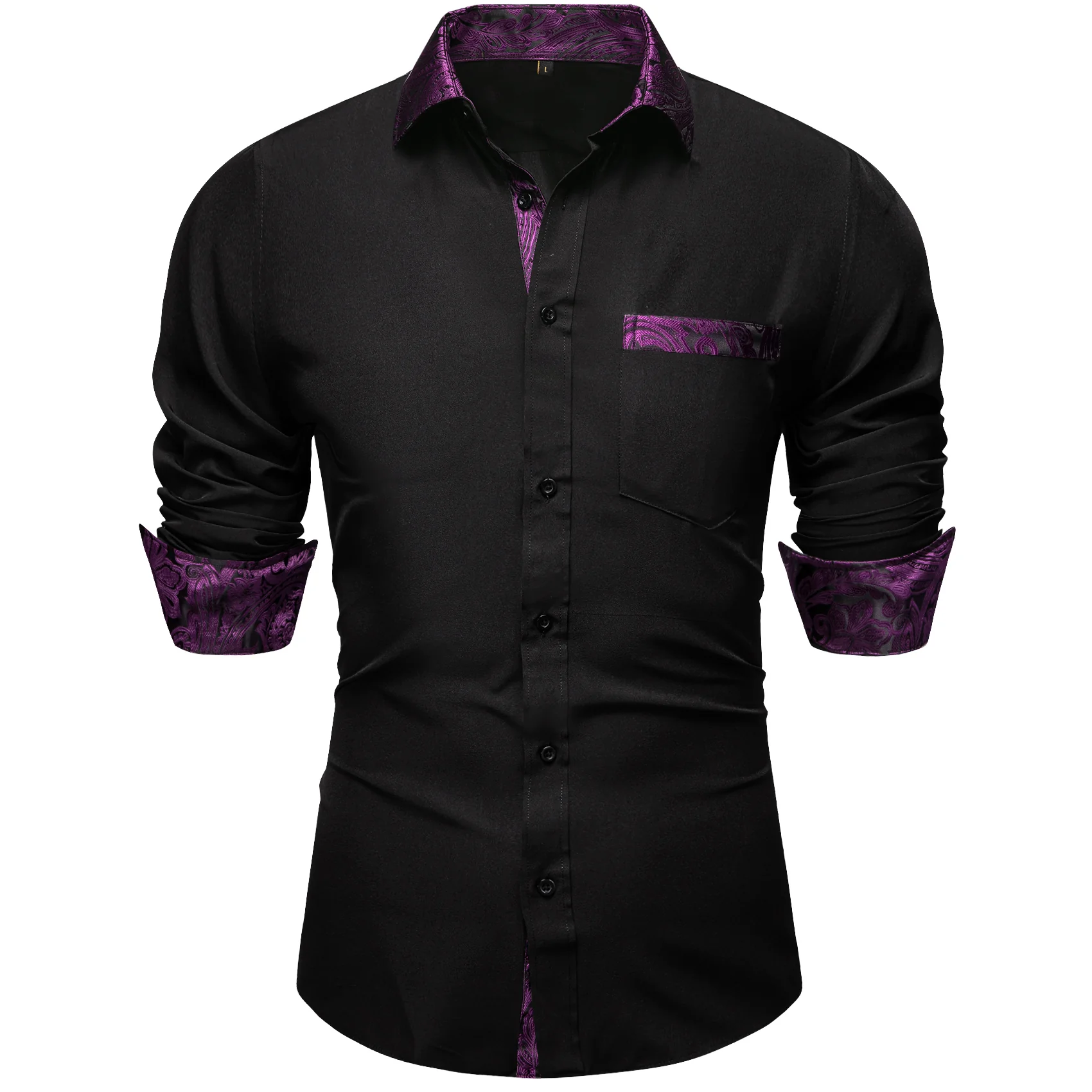 Splicing Style Black with Purple Paisley Edge Men's Solid Long Sleeve Shirt