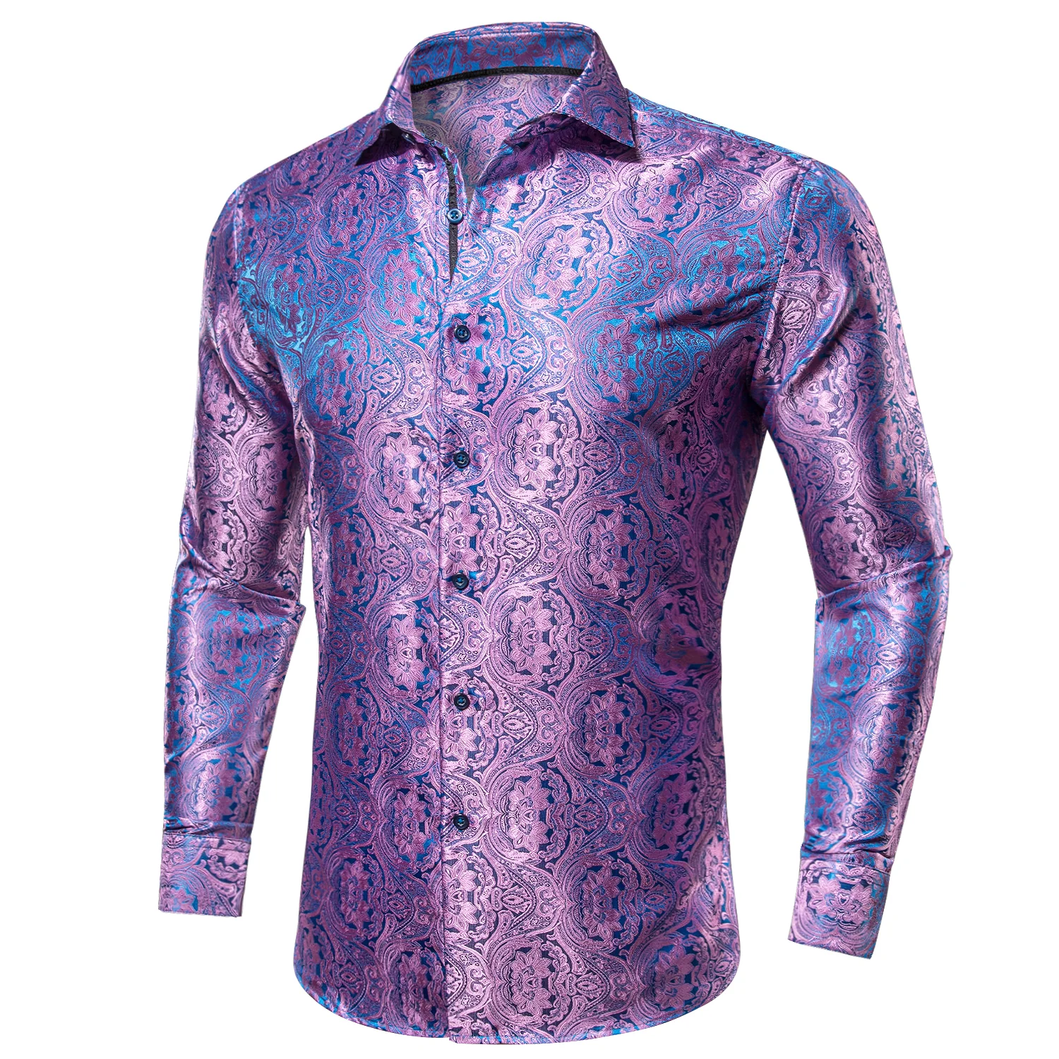 Pink Blue Paisley Pattern Silk Men's Long Sleeve Shirt