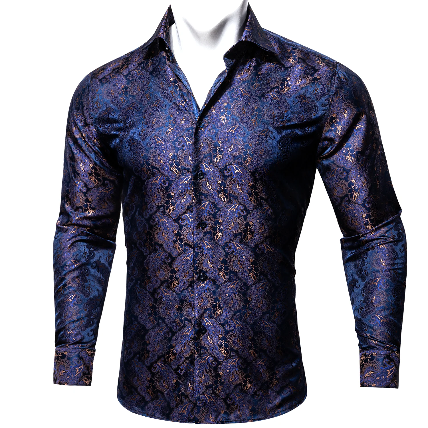 Blue Golden Floral Silk Men's Long Sleeve Shirt