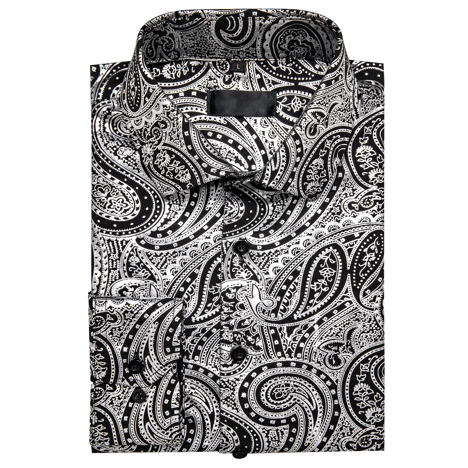 Silver Black Paisley Flower Hot Stamping Men's Long Sleeve Shirt