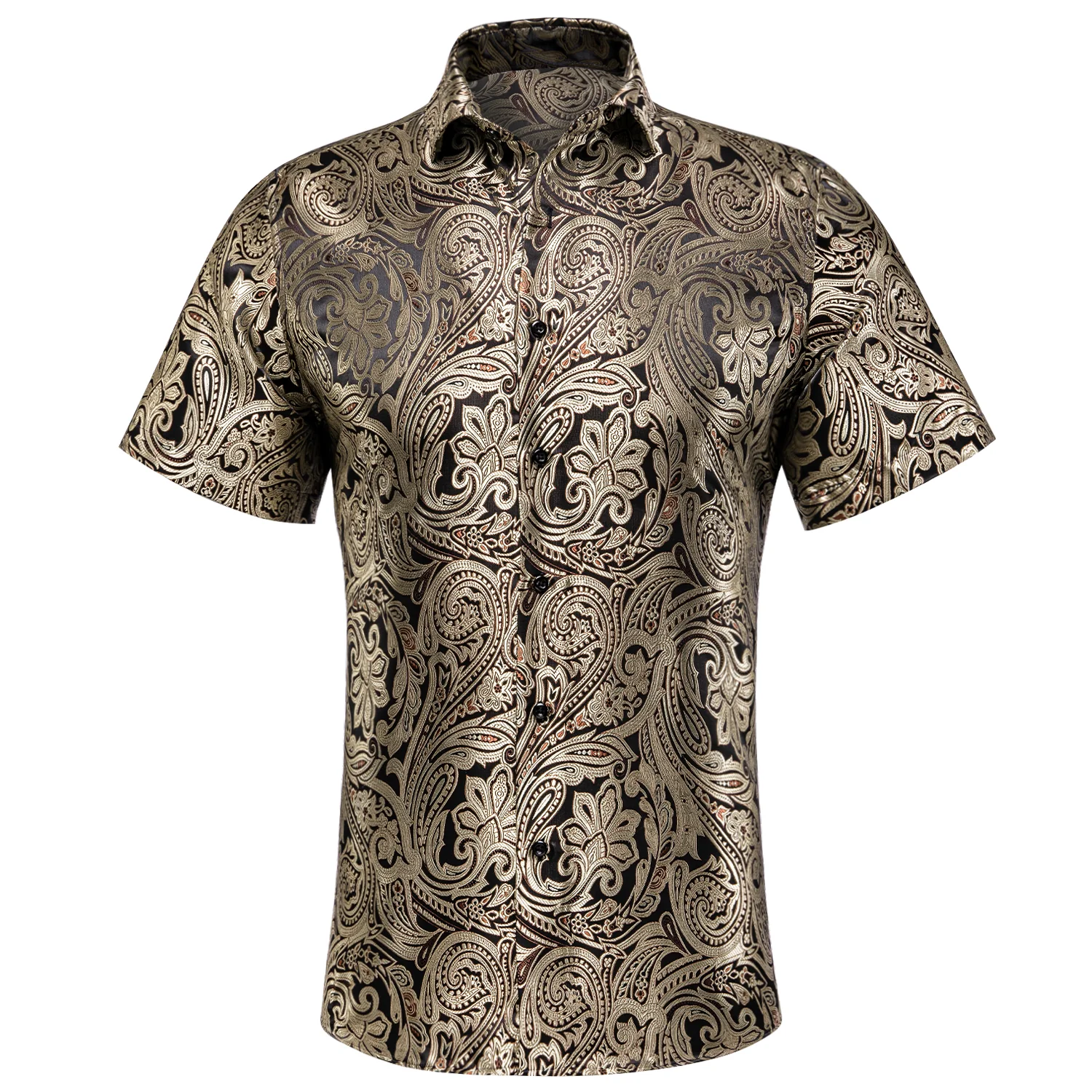 New Champagne Black Paisley Silk Men's Short Sleeve Shirt