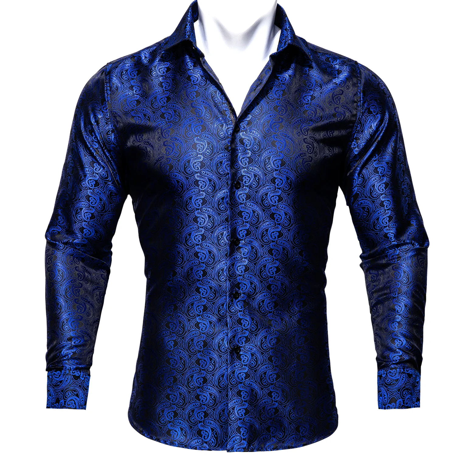 Black Blue Paisley Style Silk Men's Long Sleeve Shirt