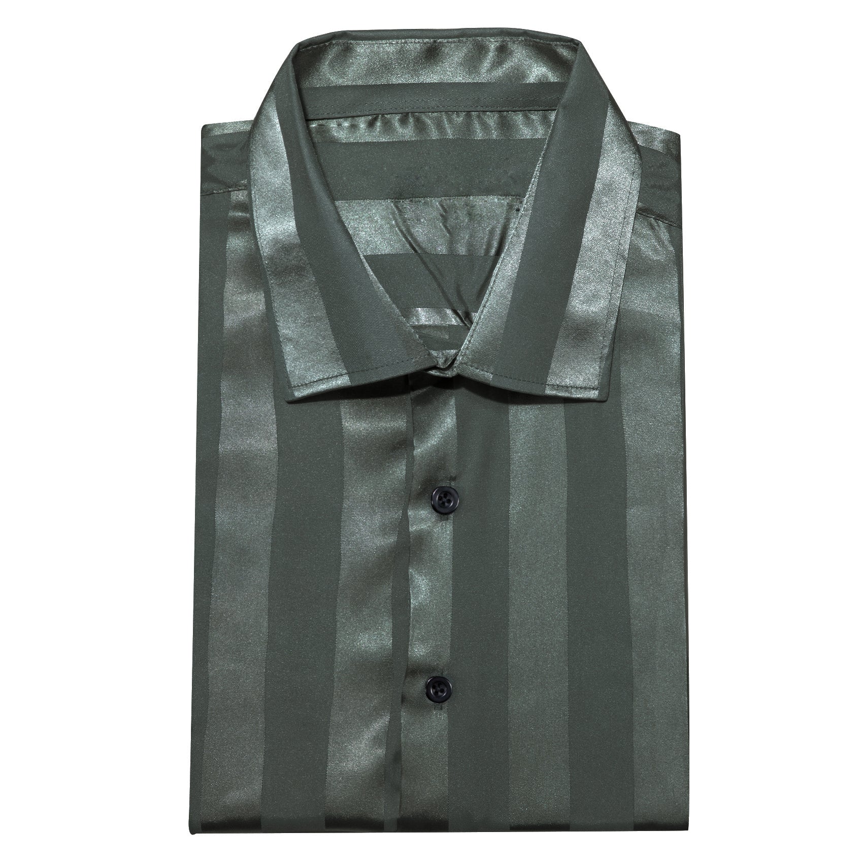 Olive Green Striped Shiny Satin Men's Long Sleeve Shirt