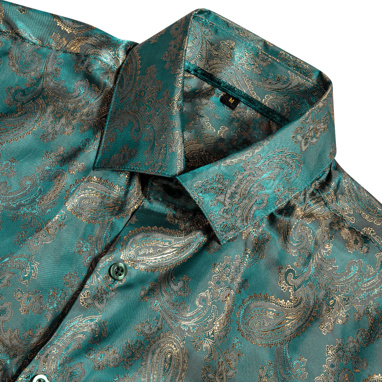 New Lake Blue Green Paisley Pattern Silk Men's Long Sleeve Shirt